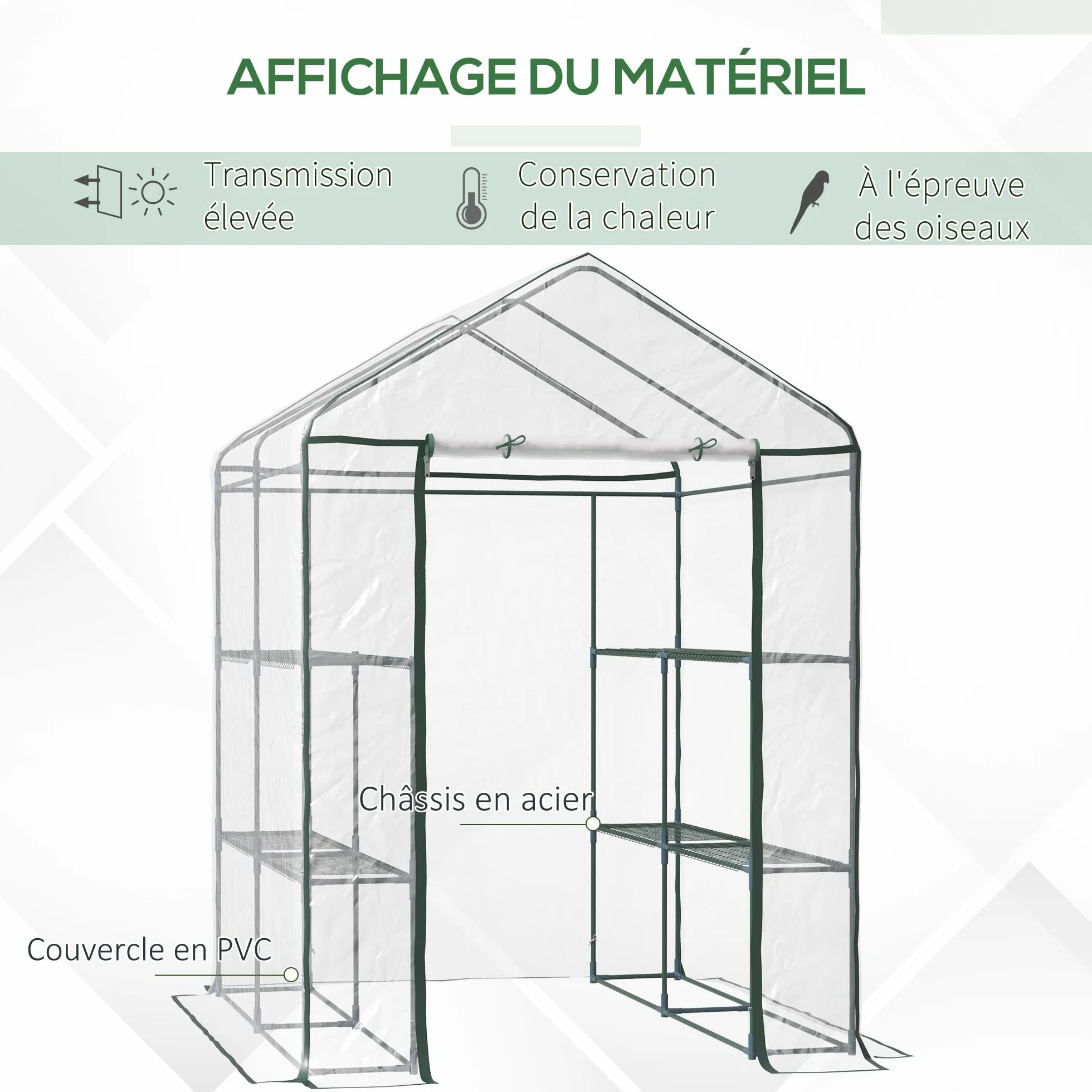 Outsunny Serre de Jardin 3 Niveaux avec étagères, Châssis en Acier, Porte zippée Enroulable, 143x143x195cm