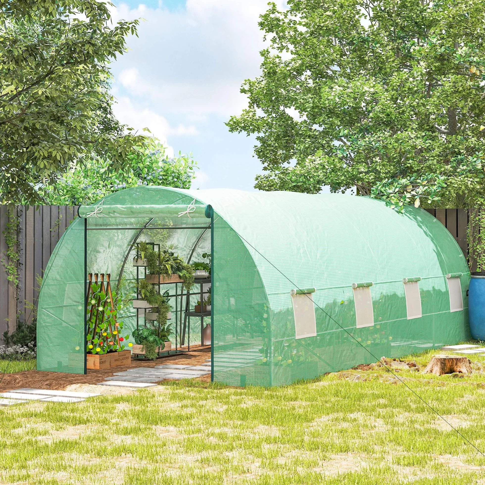 Serre de Jardin Tunnel 6L x 3l x 2H m Acier galvanisé renforcé 2,5 cm 8 fenêtres 1 Porte Vert
