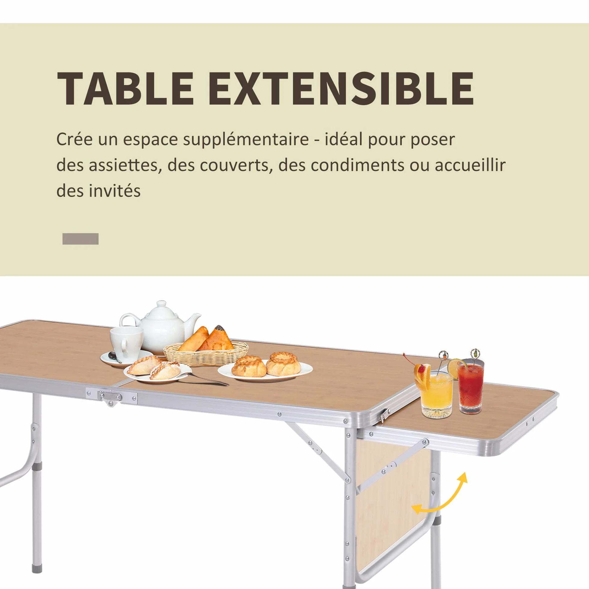 Outsunny Table Pliante Camping Jardin avec Rallonge Hauteur Réglable Aluminium MDF Imitation Bambou