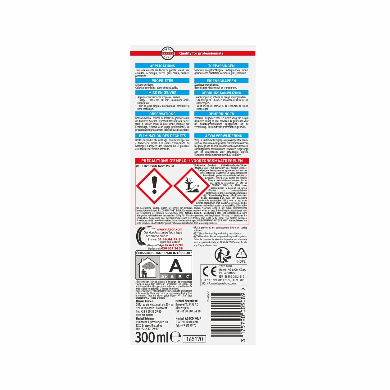 Rubson SA Mastic Sanitaire Blanc, Mastic silicone acétique contenant des antifongiques puissants, Joint sanitaire étanche pour tous matériaux émaillés, 300 ml