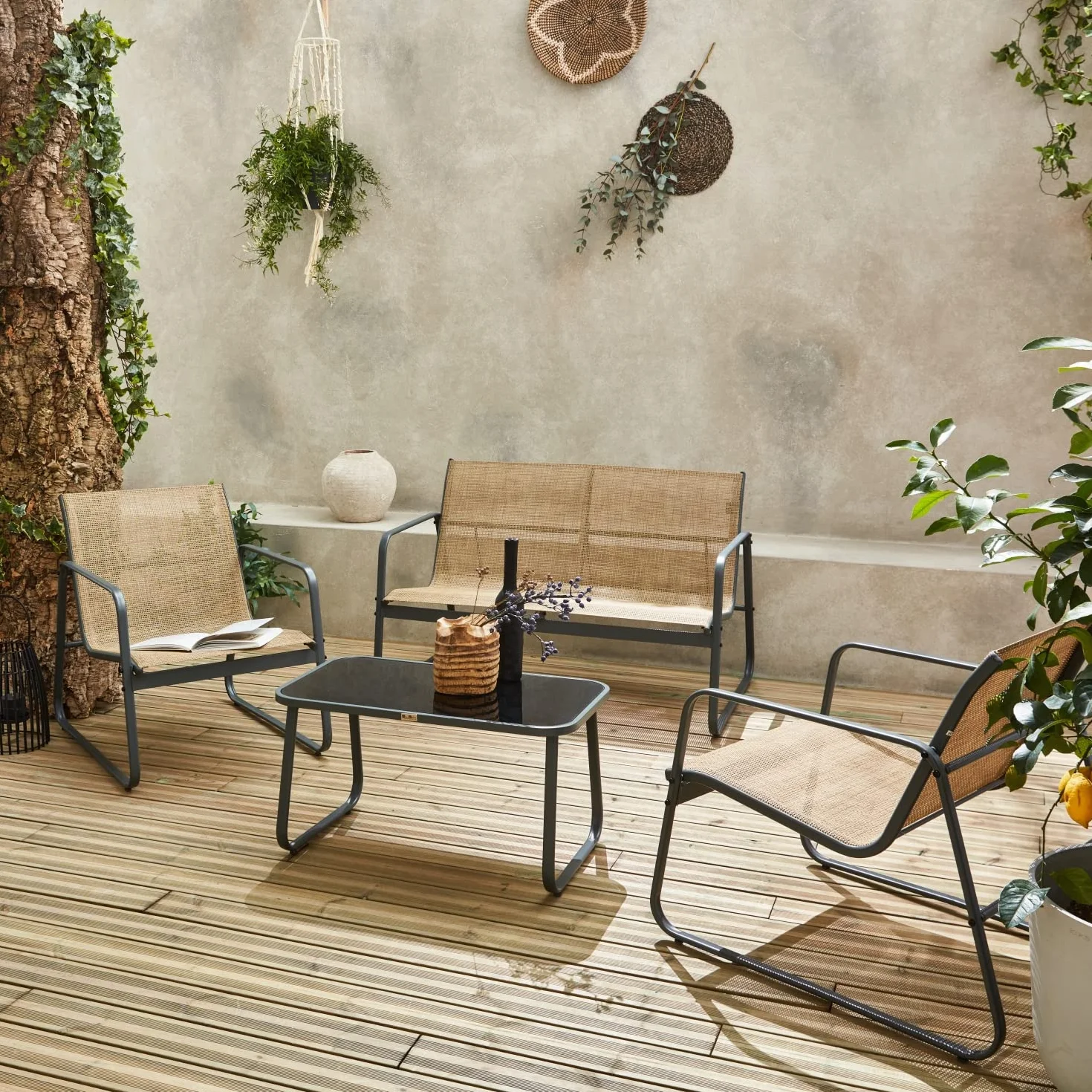 Salon de Jardin métal textilène 4 Personnes Anthracite Naturel Design