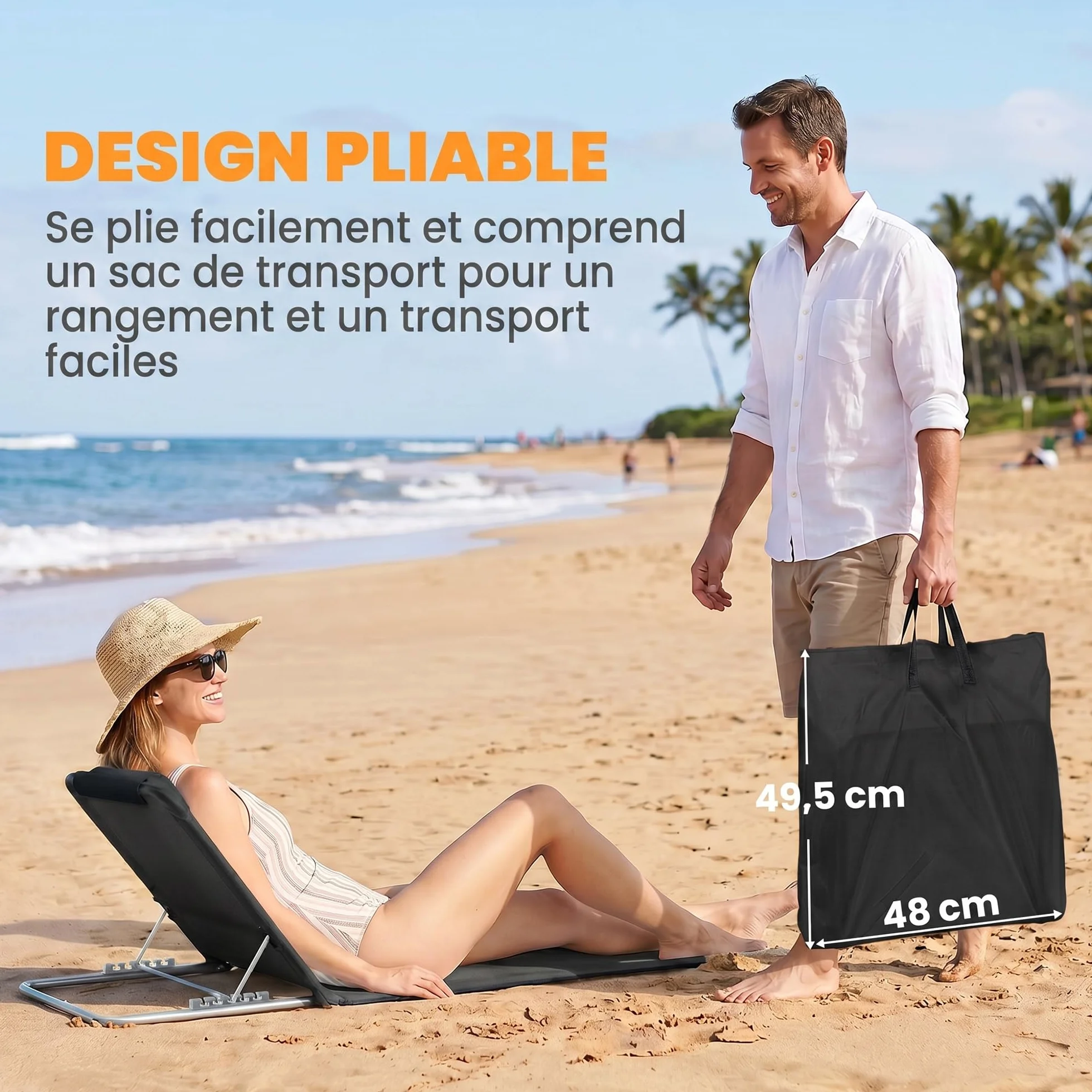 Outsunny Lot de 2 Tapis de Plage rembourré avec Dossier inclinable Multi-Positions et Sac Transport - Métal Polyester PE Noir