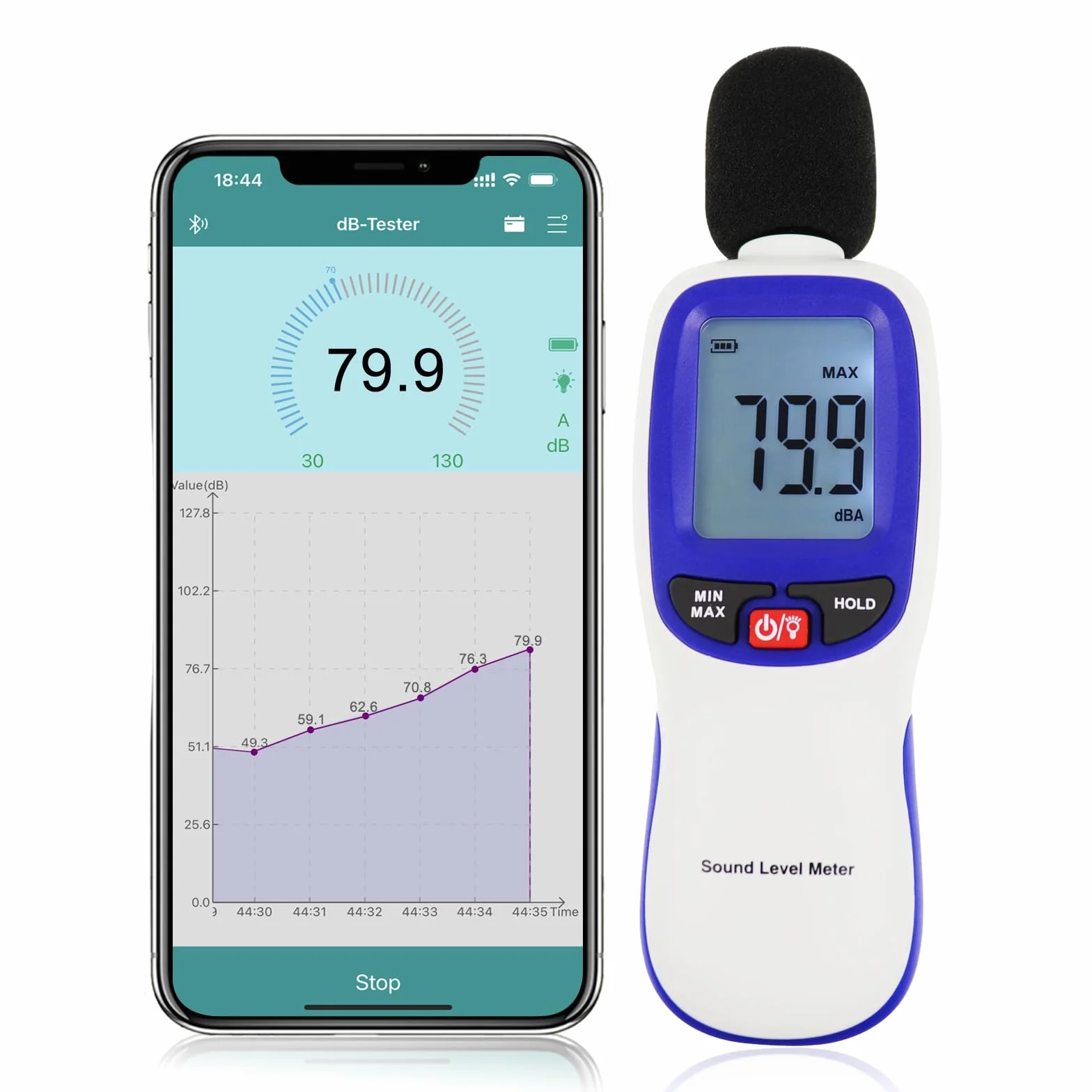 Sonomètre sans fil avec enregistrement de données par application Sonomètre portable Bluetooth 30~130dBA Compteur SPL haute précision pour salles de classe, bureaux, maisons, etc.