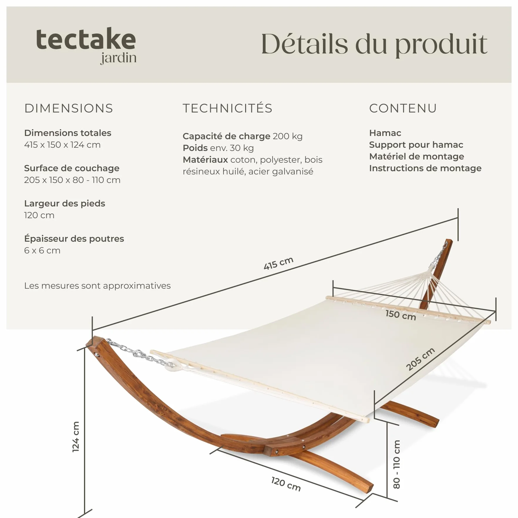 Hamac sur Pied XXL 2 Places Coton avec Support en Bois 415x150x124cm 200kg Couchage 205x150cm Ajustable pour Terrasse