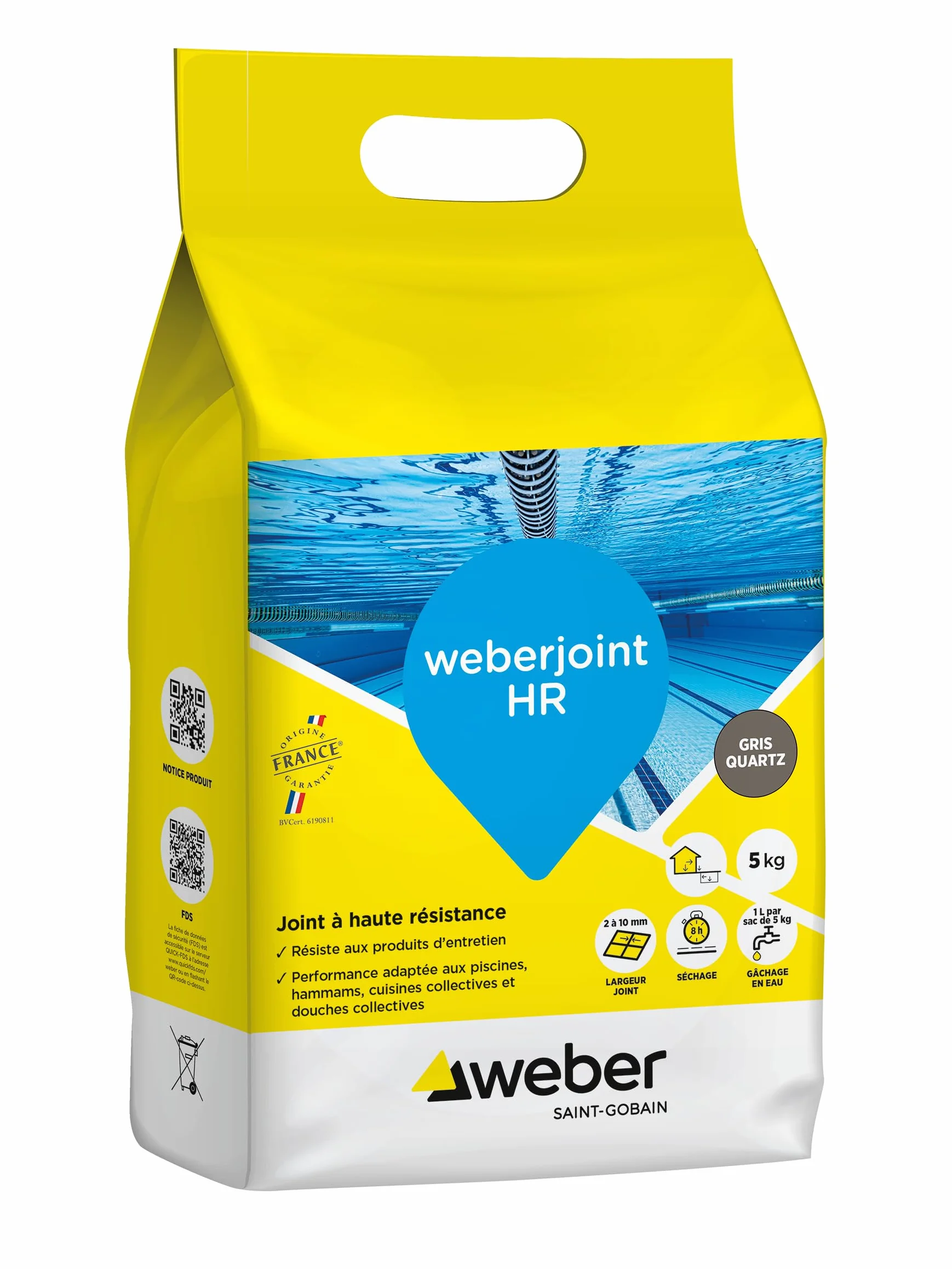 Joint de carrelage adapté piscine, Haute Résistance, Gris Quartz, Weberjoint HR 5KG, WEBER
