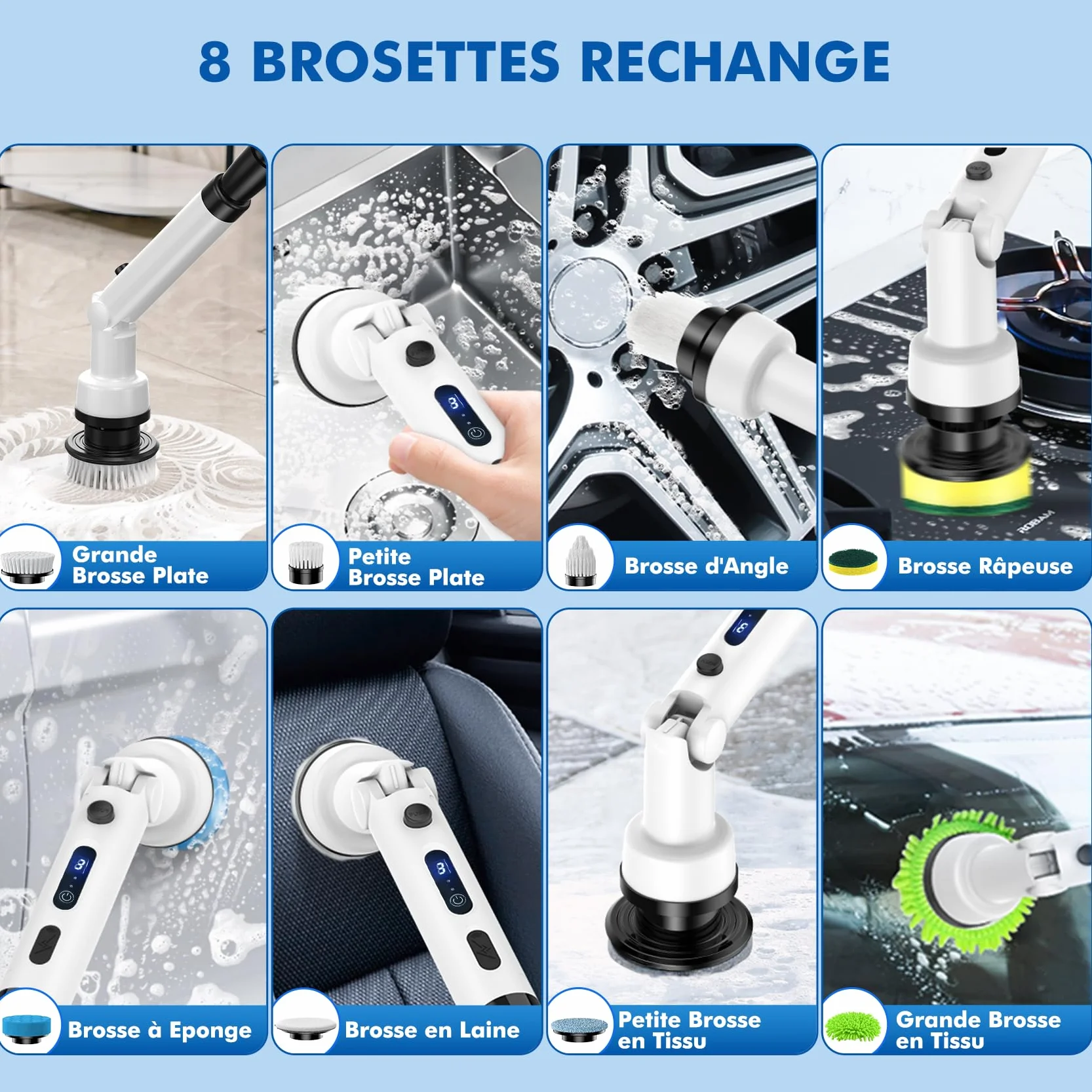 Brosse Nettoyage Electrique Rotative -Brosse de Nettoyage Electrique avec 8 Têtes, 3 Vitesses Manche Extensible Rechargeable Brosse Nettoyage pour Salle de Bain, Cuisine et Voiture