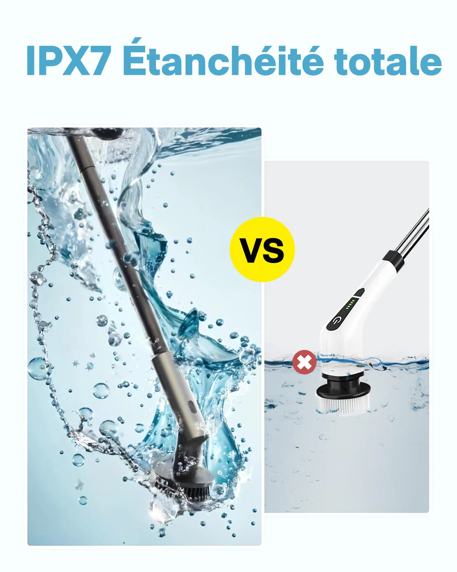 HOTO Brosse Nettoyage Electrique Rotative, IPX7 Imperméable, Brosse Rotative Électrique, Brosse Nettoyage Salle de Bain sans Fil, avec Poignée Réglable et 6 Têtes Brosse, pour Salle de Bain et Cuisine