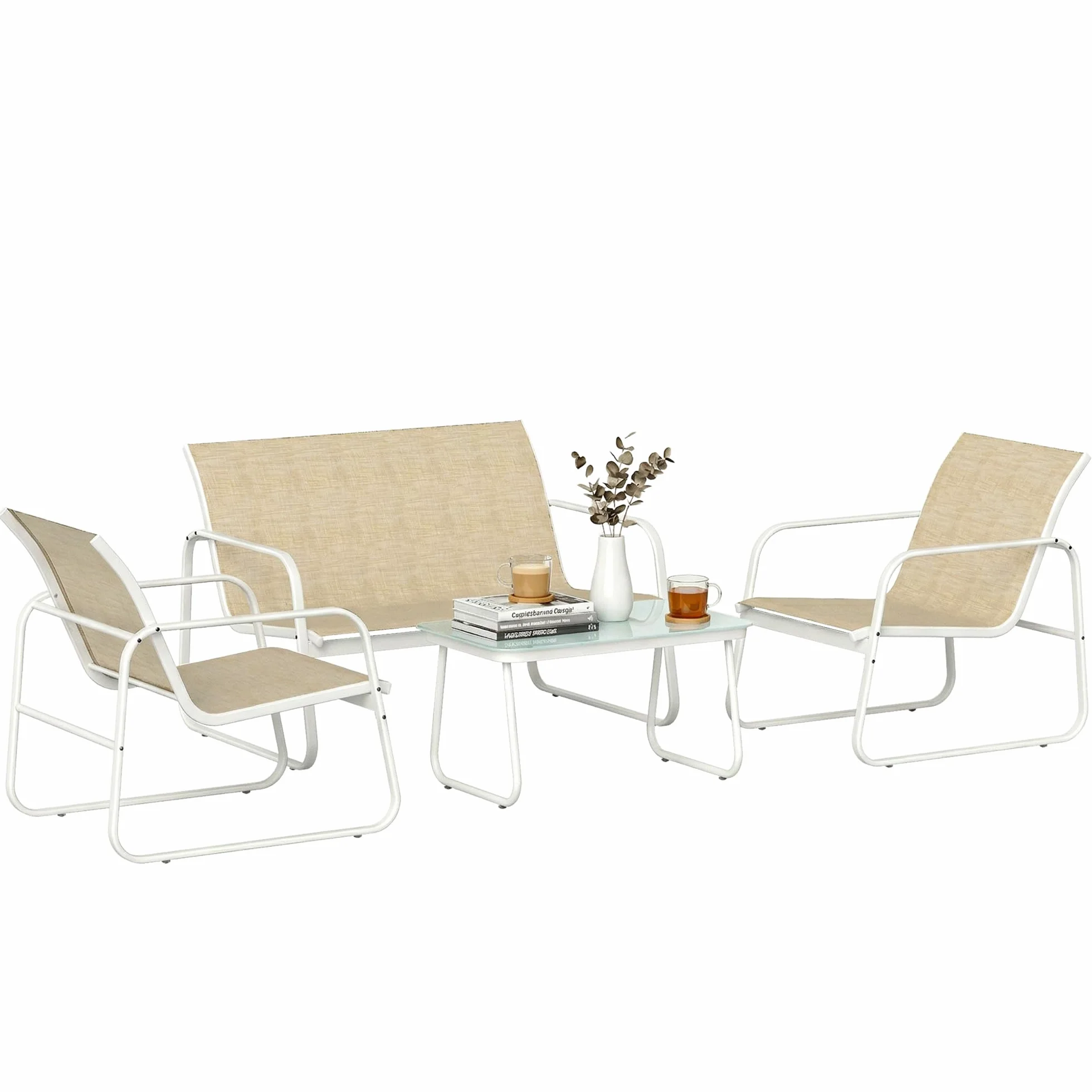 Outsunny Salon de Jardin 4 pièces avec canapé, fauteuils et table basse, Plateau en Verre trempé, Pieds réglables, Kaki et Blanc
