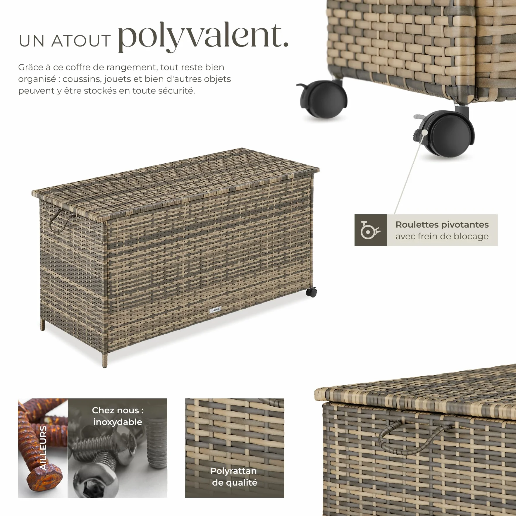 tectake Coffre de rangement exterieur en rotin 116 x 54 x 64 cm 253L Aluminium 2 Roulettes pivotantes Frein de blocage