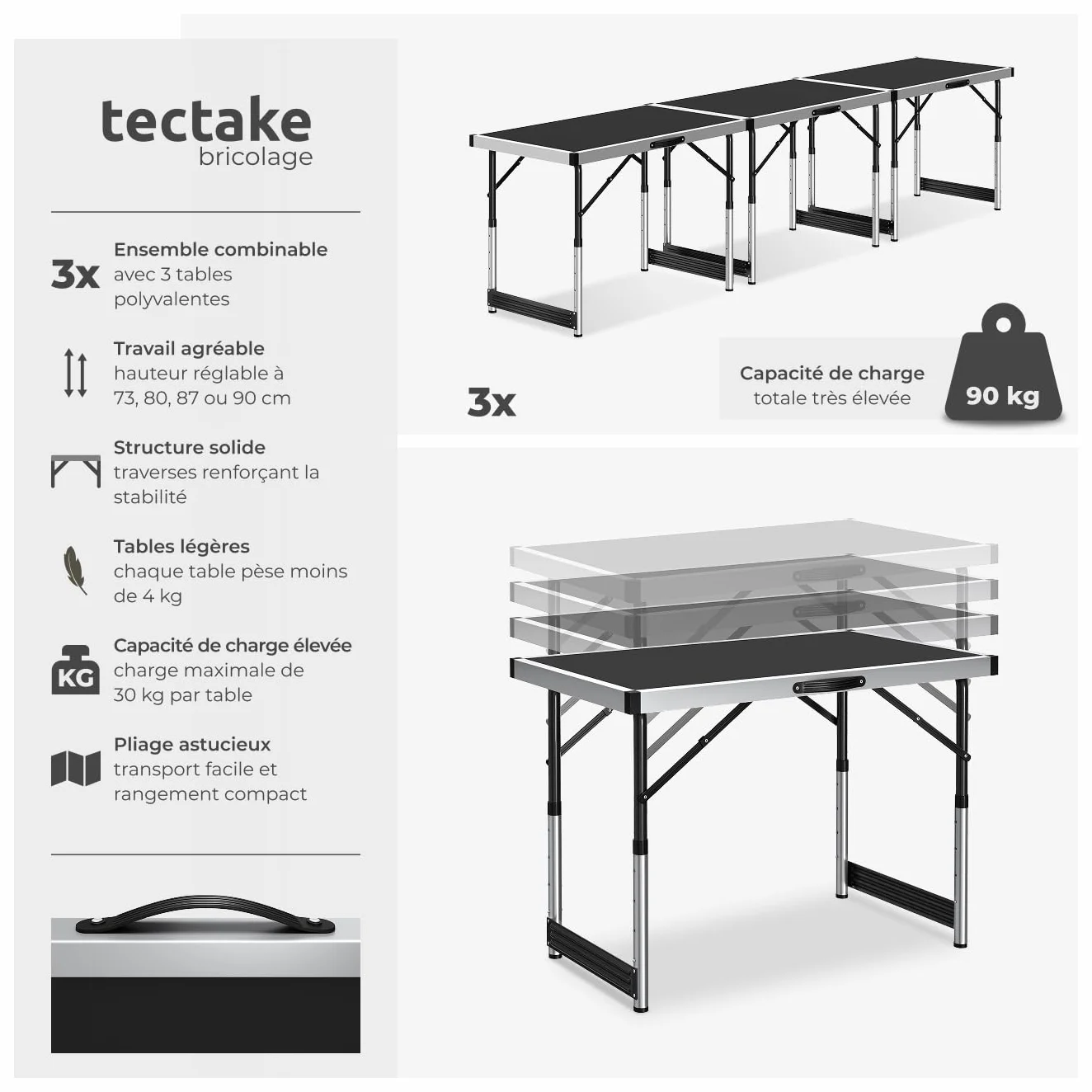 Tectake Lot de 3 Tables Pliantes Multifonction 100 x 60 cm Aluminium Hauteur Réglable 4 Niveaux Camping Barbecue