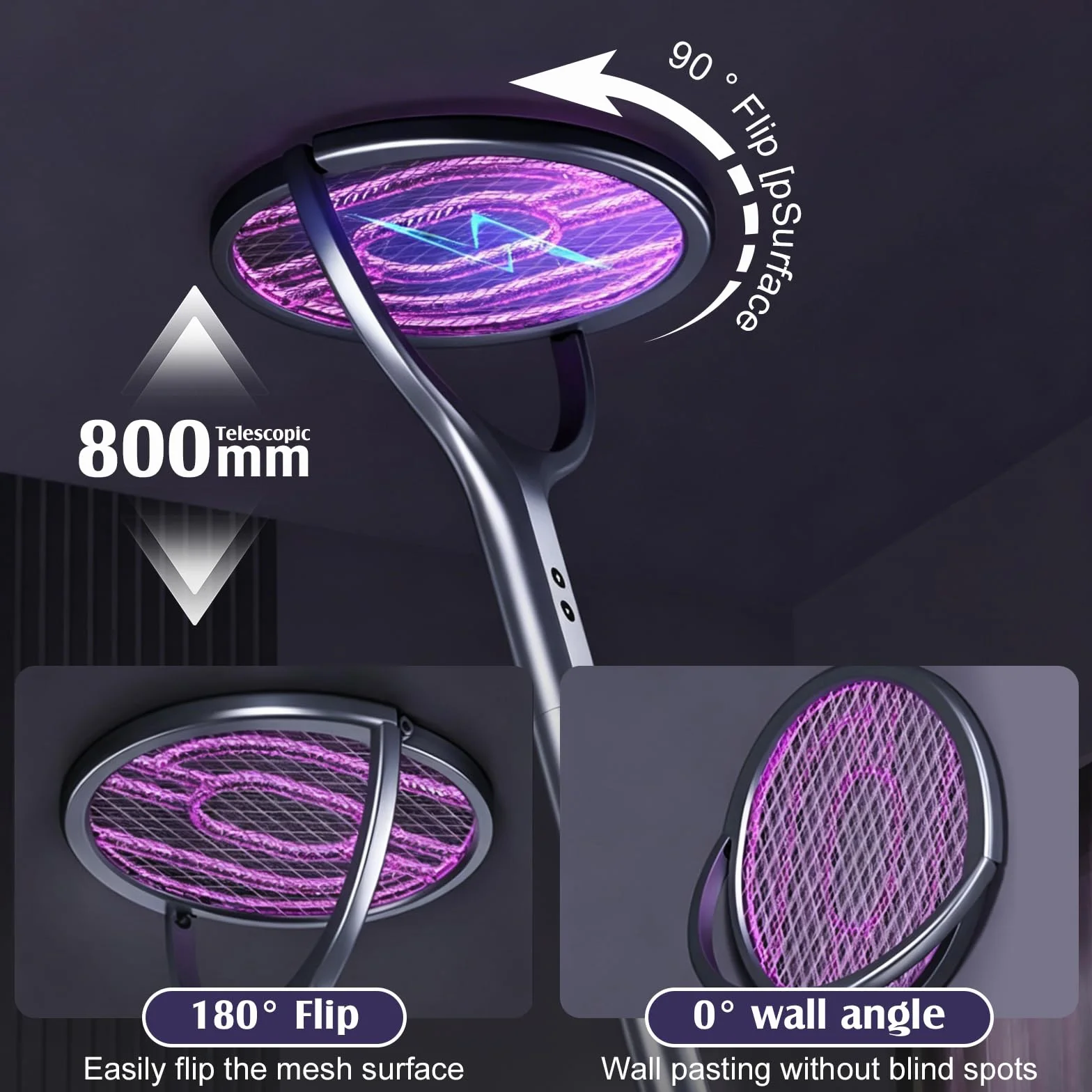 Raquette Électrique Anti Moustique Rechargeable 3000V avec Tête Rotative et Extension Télescopique