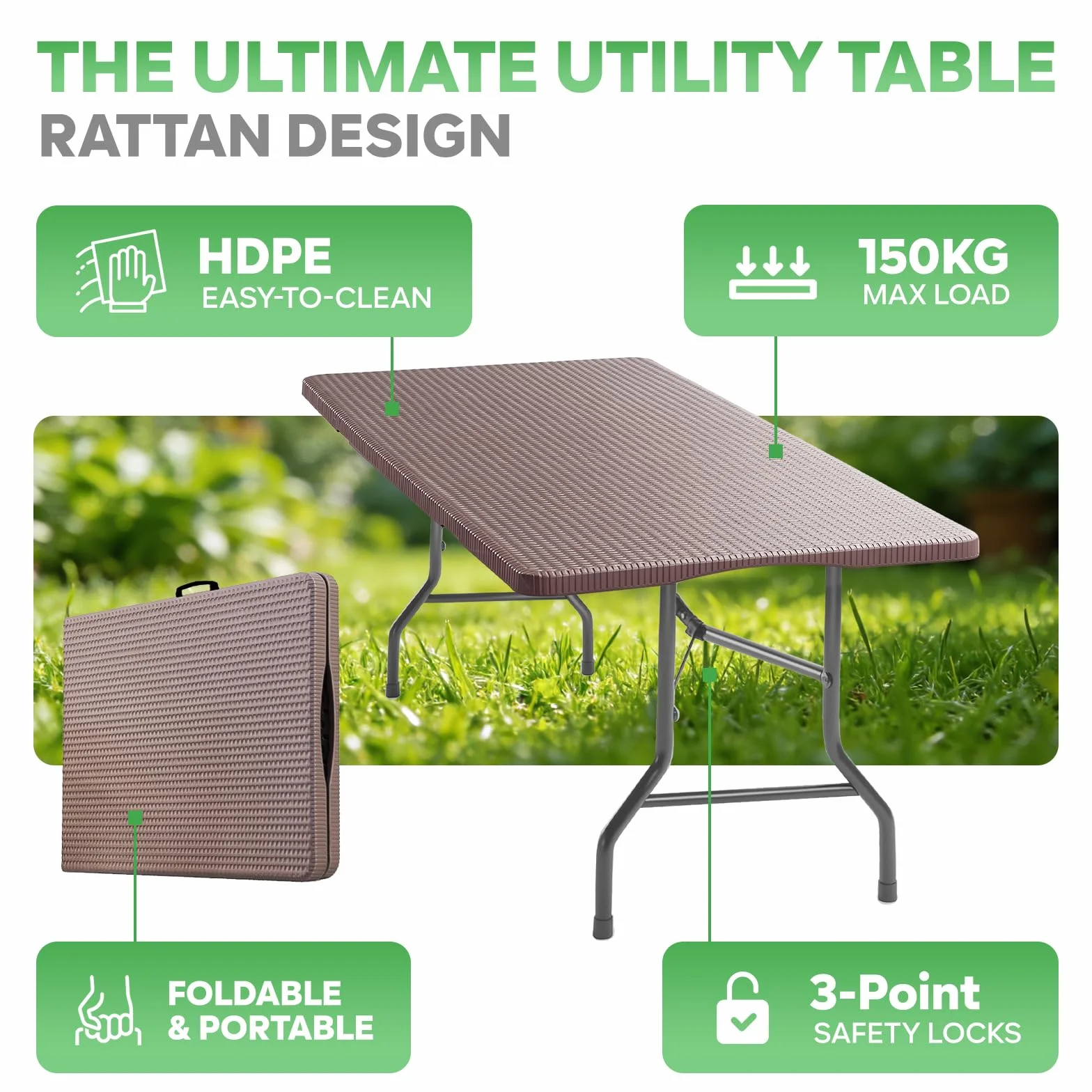 Table Pliante Extérieur 180x70cm Jardin 8 Personnes Marron Plastique Effet Rotin Métal 150 kg