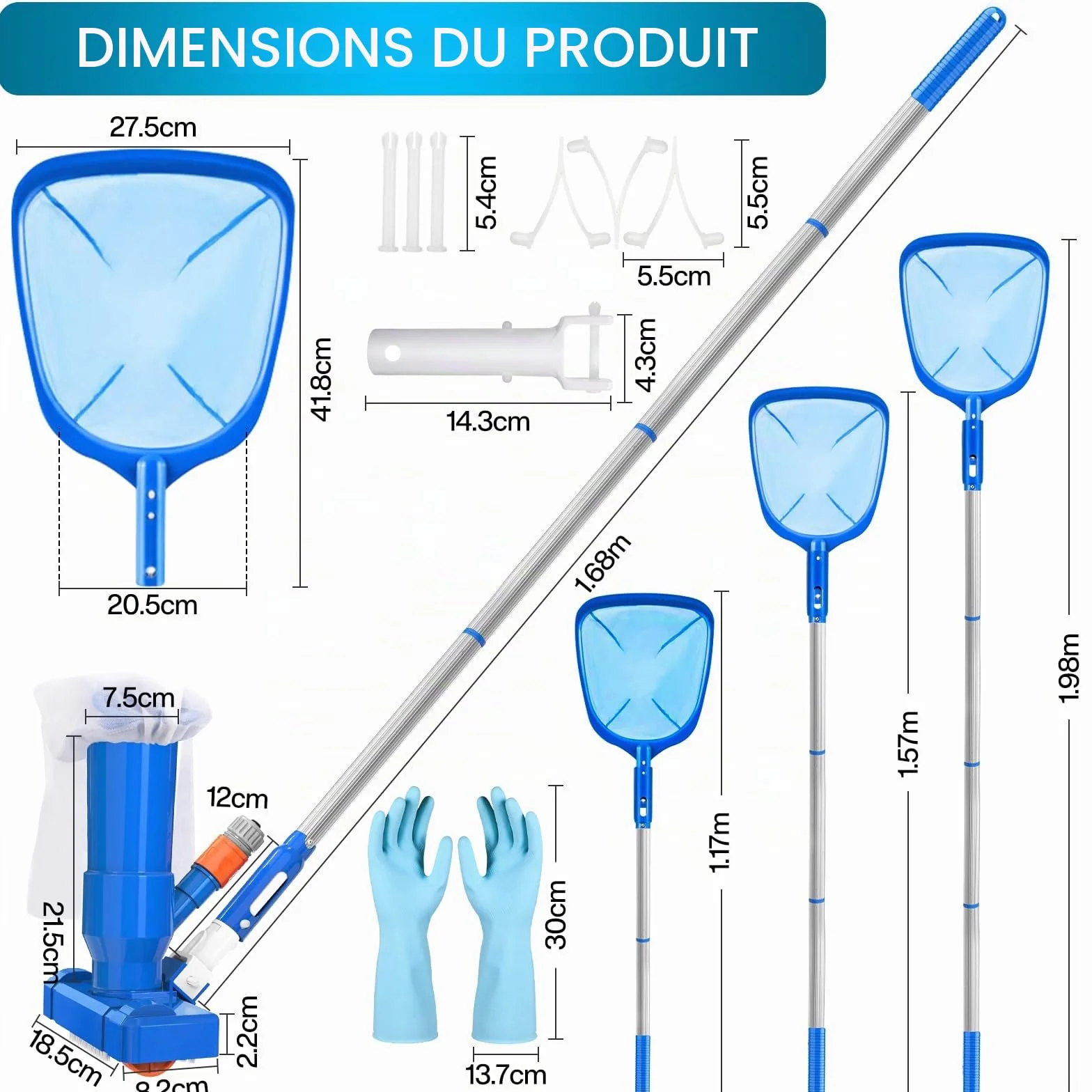 Aspirateur Piscine Portable avec Épuisette 168CM Nettoyeur à Jet 4 Tiges Amovible