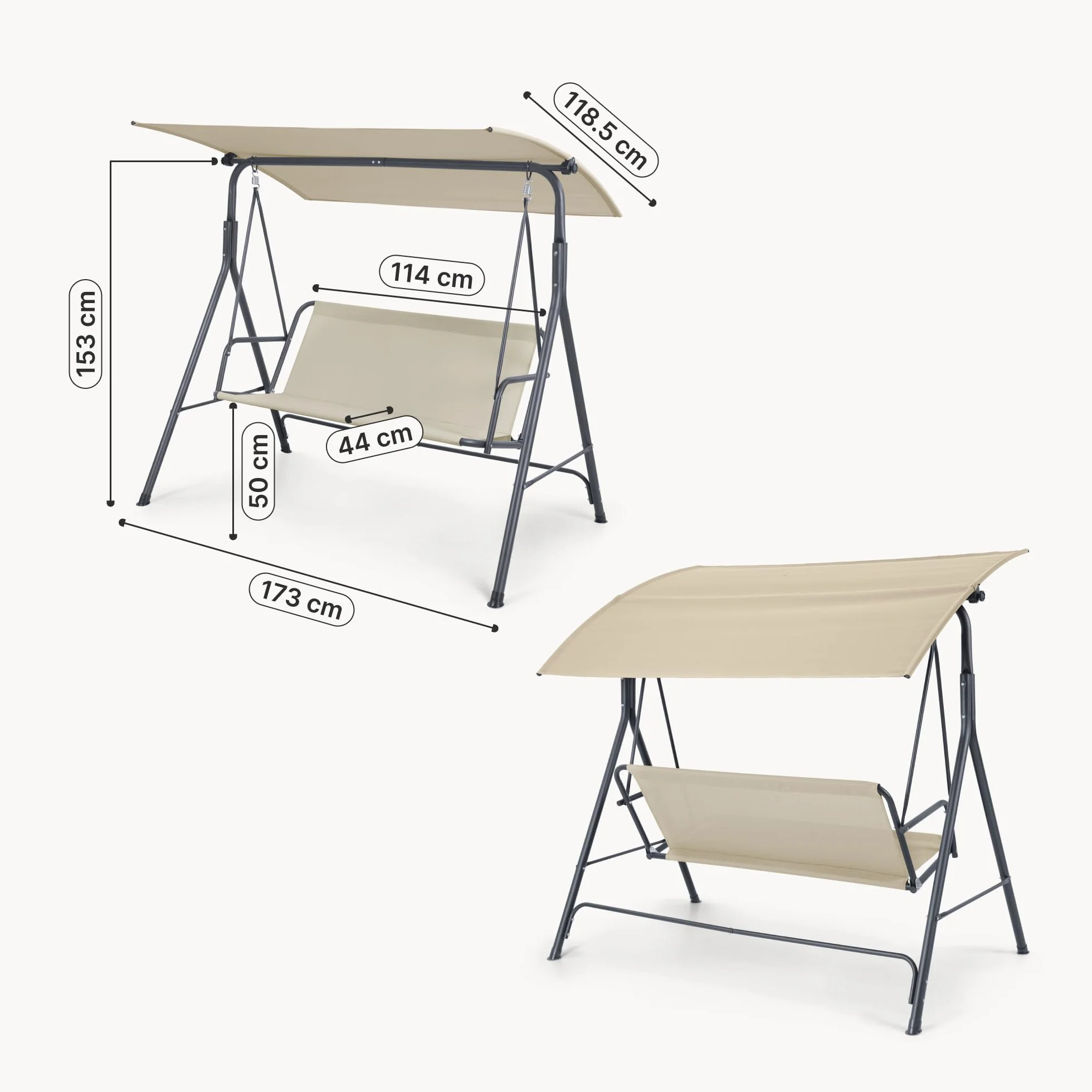 Balancelle de Jardin pour 3 Personnes avec Toit Solaire Réglable Stable Résistant aux UV et à l'eau Acier Polyester Plastique 173 x 119 x 153 cm Vert Clair Beige
