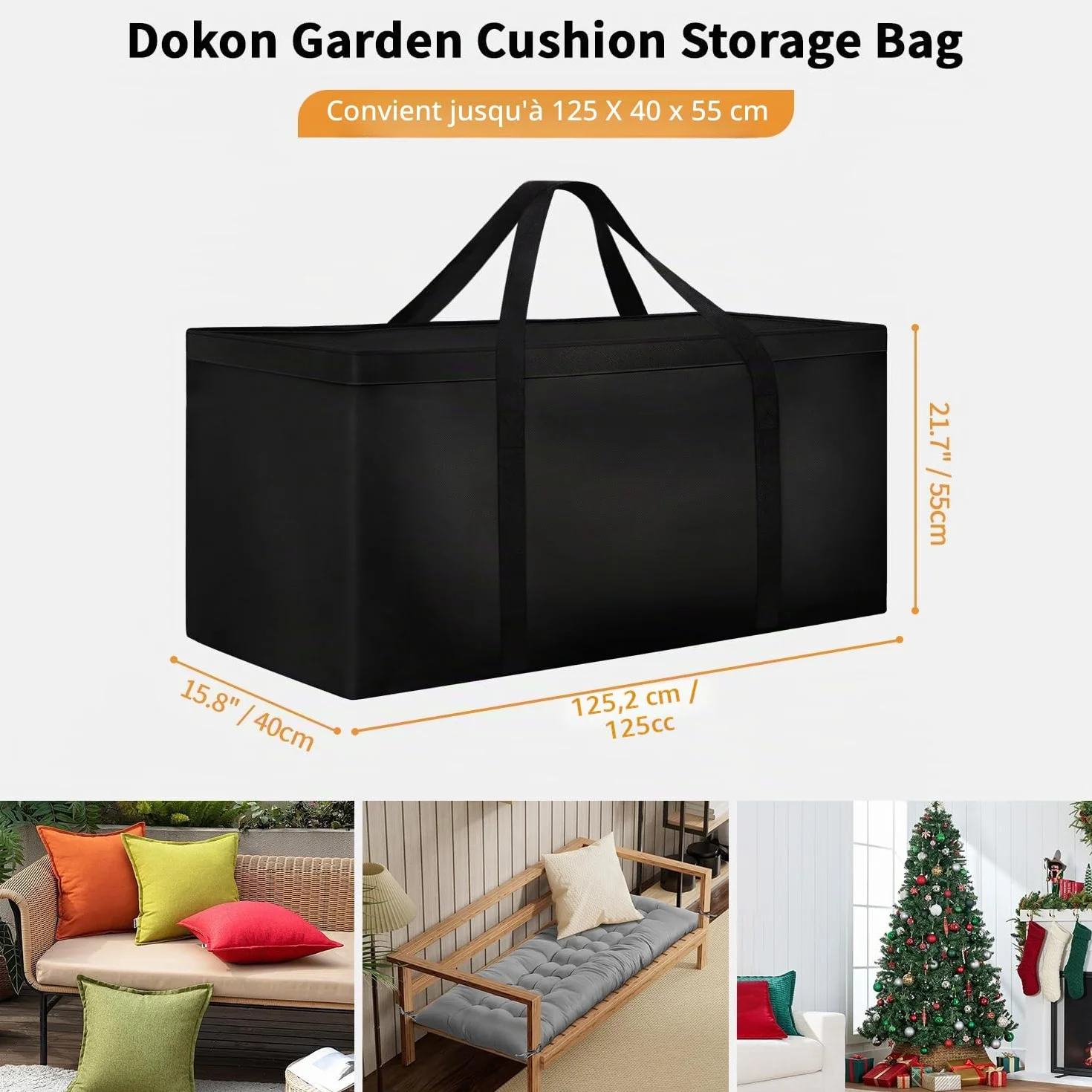 Dokon Sac de Rangement Housse Coussin Jardin lmperméable Anti-UV Tissu Oxford Robuste 125x40x55cm Noir