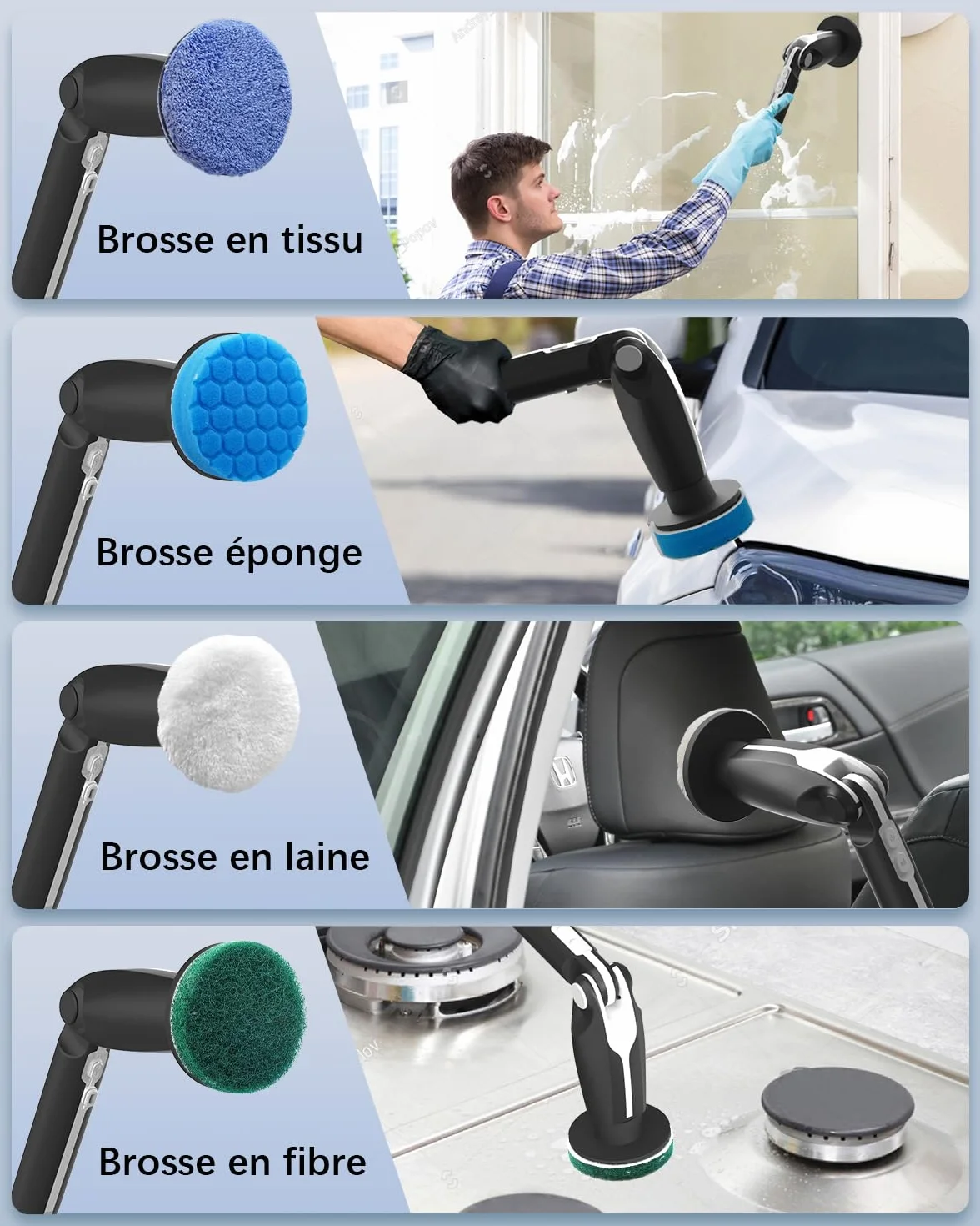 Leebein Brosse Électrique Nettoyage, 2026 Brosse Nettoyage sans Fil avec 8 Brosses Remplaçables, Télécommande, 2 Vitesses de Rotation et Longueur Réglable 38-132CM pour Salle de Bain/Cusine/Voiture