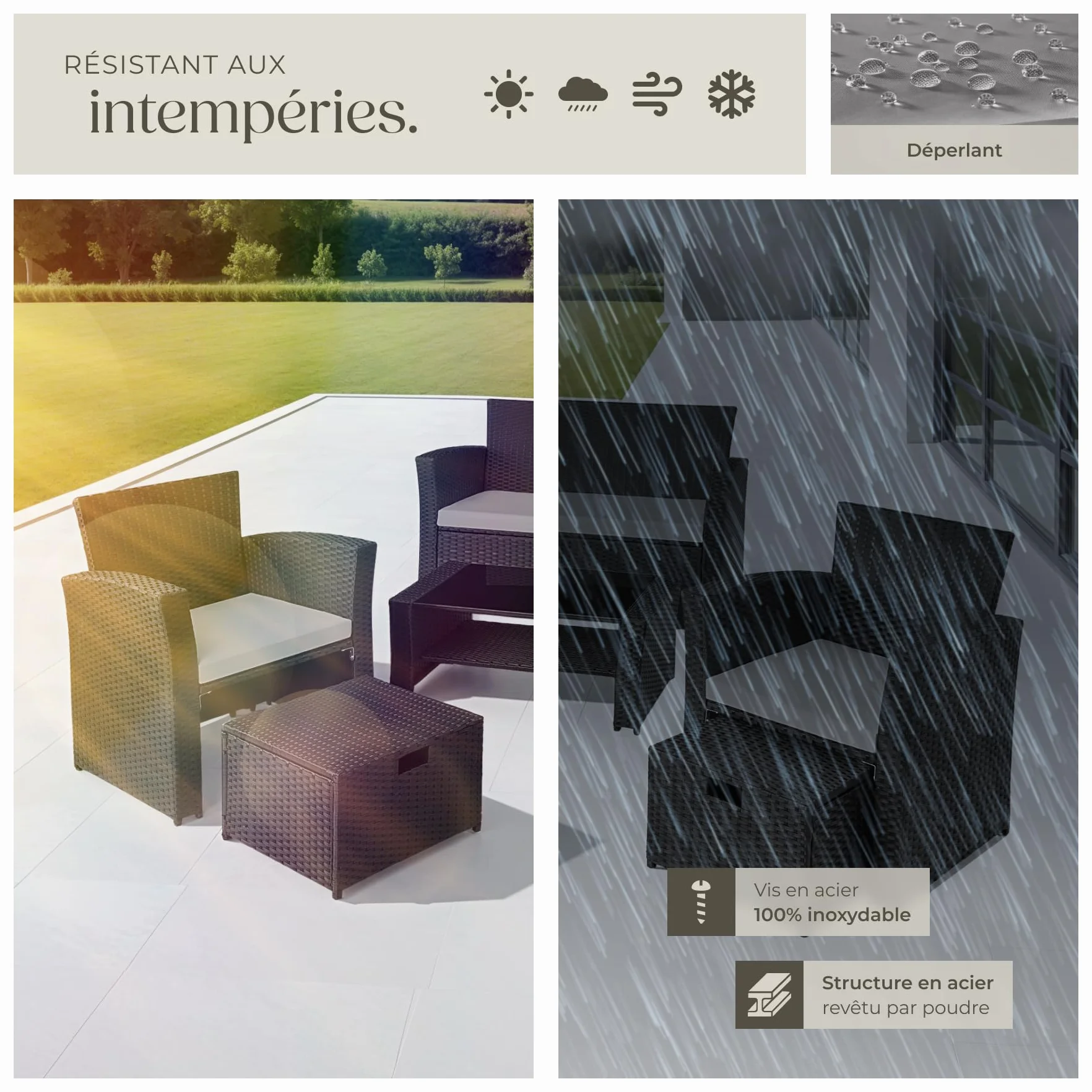 tectake Ensemble Salon de Jardin Poly Rotin 1 Banquette 2 Fauteuil 2 Tabouret 1 Table Jardin Noir/Gris