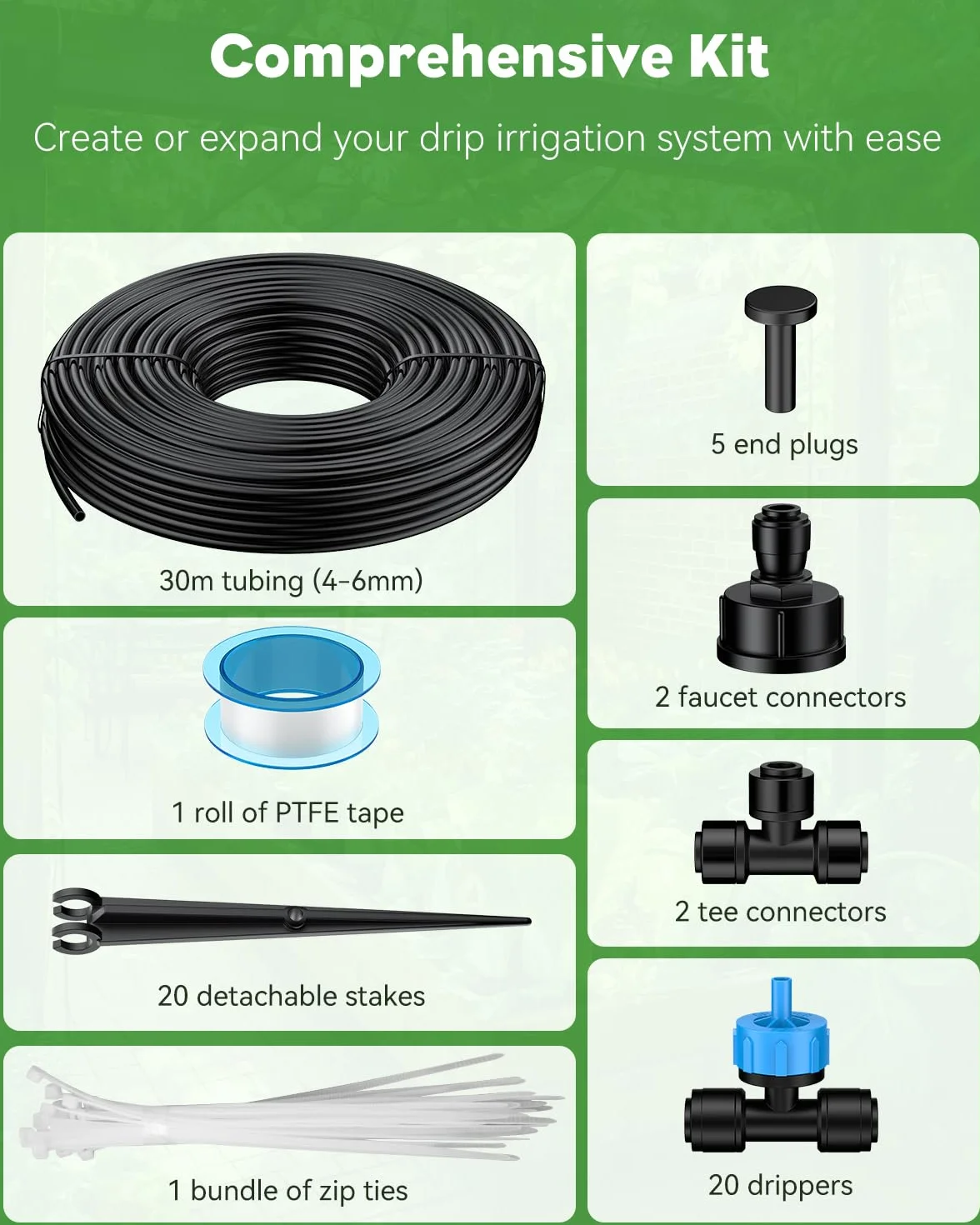 Kit d'irrigation goutte-à-goutte Pawfly 30M avec tuyau 4-6 mm et goutteur pour jardin