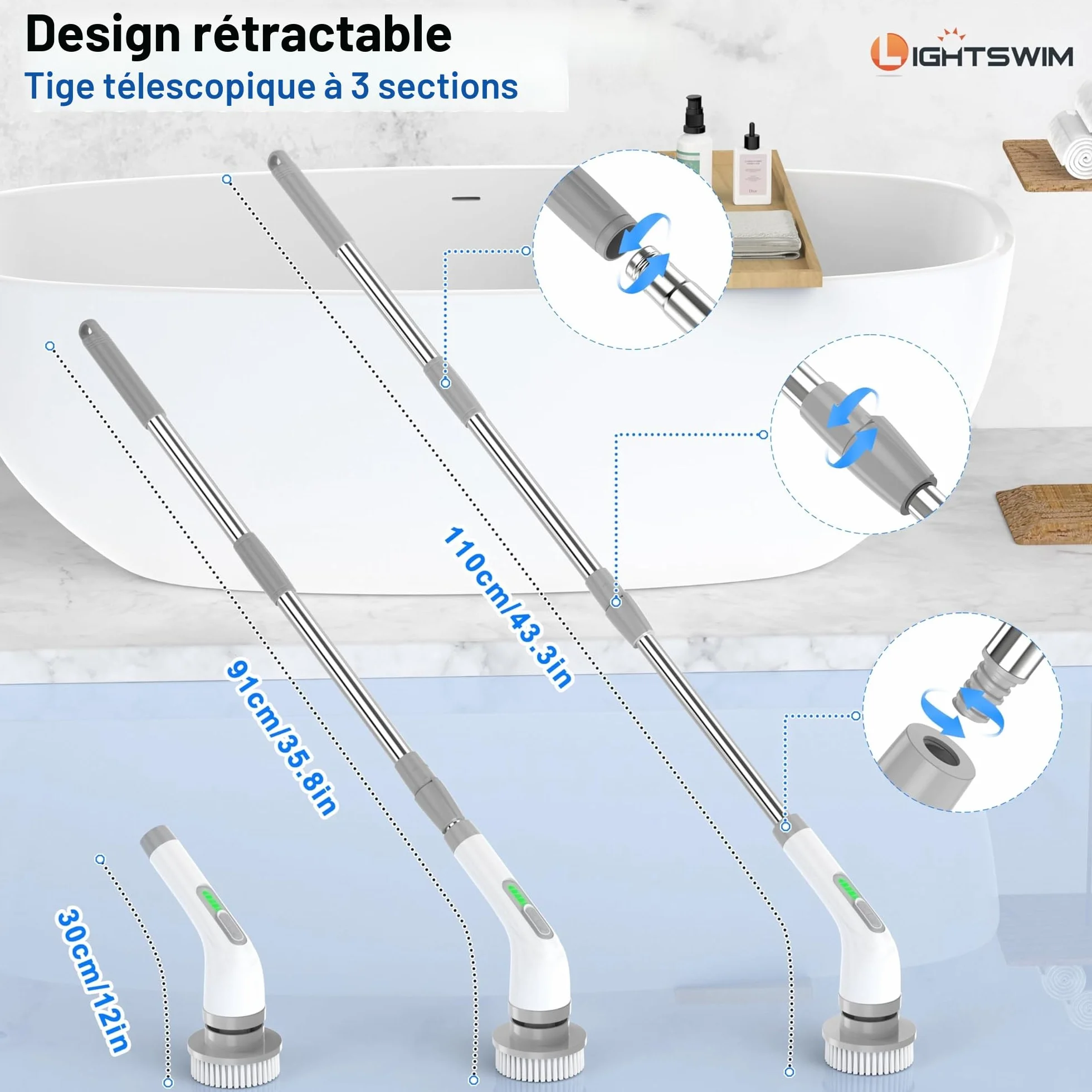 Épurateur électrique, Brosse de Nettoyage électrique 7 en 1, Nettoyage Puissant 420 TR/Min, épurateur de Salle de Bain 1,5 h Double Vitesse avec Bras d'extension pour Cuisine, Voiture, carrelage, Mur