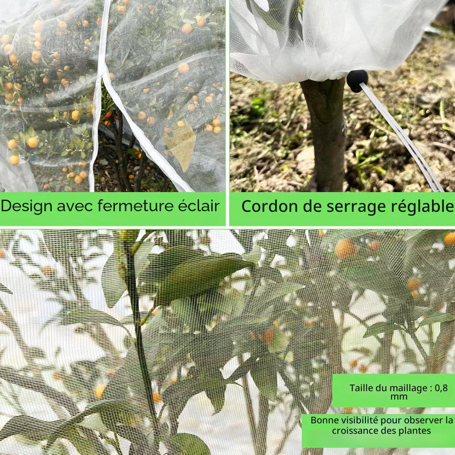 Filet de Protection pour Arbres Fruitiers 3x3m Anti-Oiseaux et Insectes avec Fermeture Éclair Blanc
