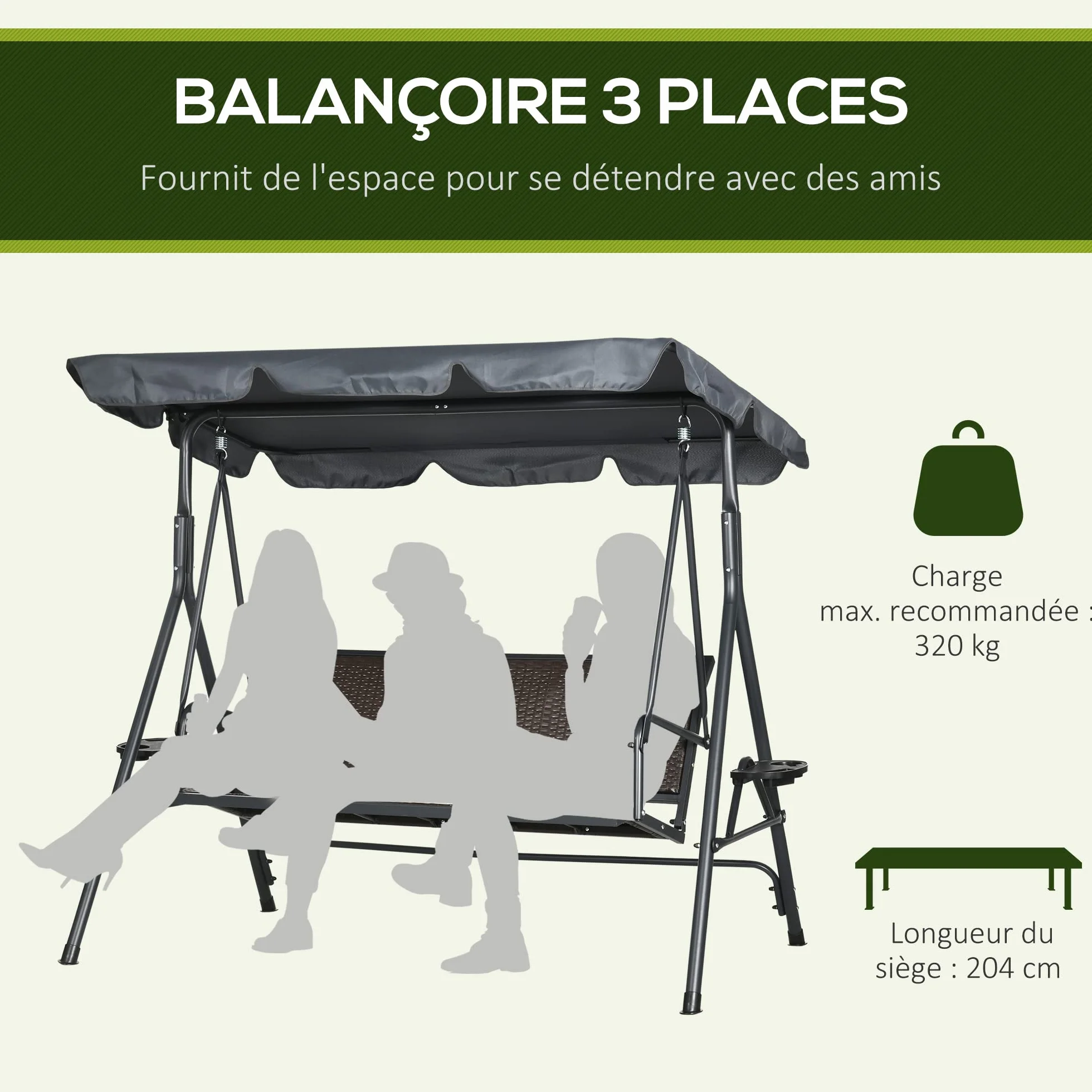 Outsunny Balancelle de Jardin 3 Places Toit Inclinaison réglable Porte-gobelets Plateaux Résine Tressée PE Acier Polyester Gris Foncé Marron