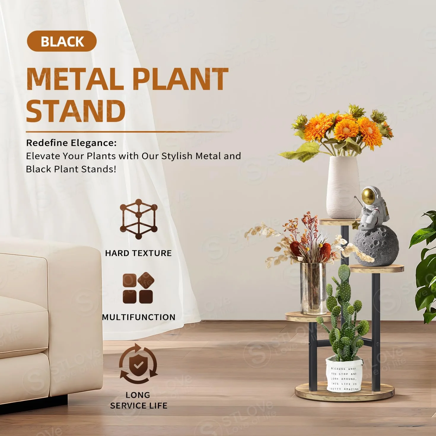STLOVe Porte Plante Interieur 3 Niveaux Support Metal Bois Etagere Jardin Salon