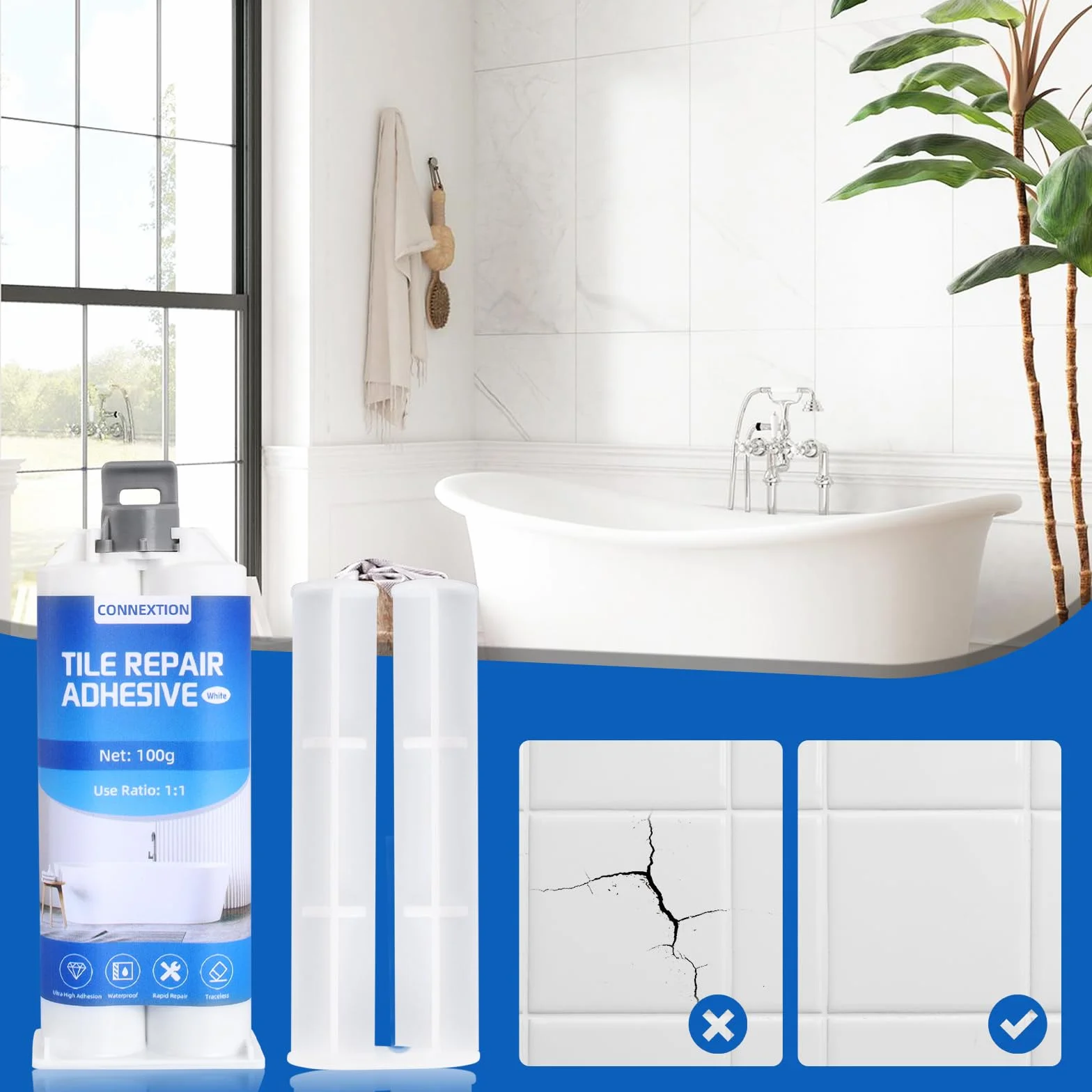 Kit de Reparation Baignoire Blanc 100g, Kit Réparation Carrelage et Evier Céramique, Kits Réparation Baignoire Acrylique et Email, pour Entailles, Rayures, Trous, Fissures