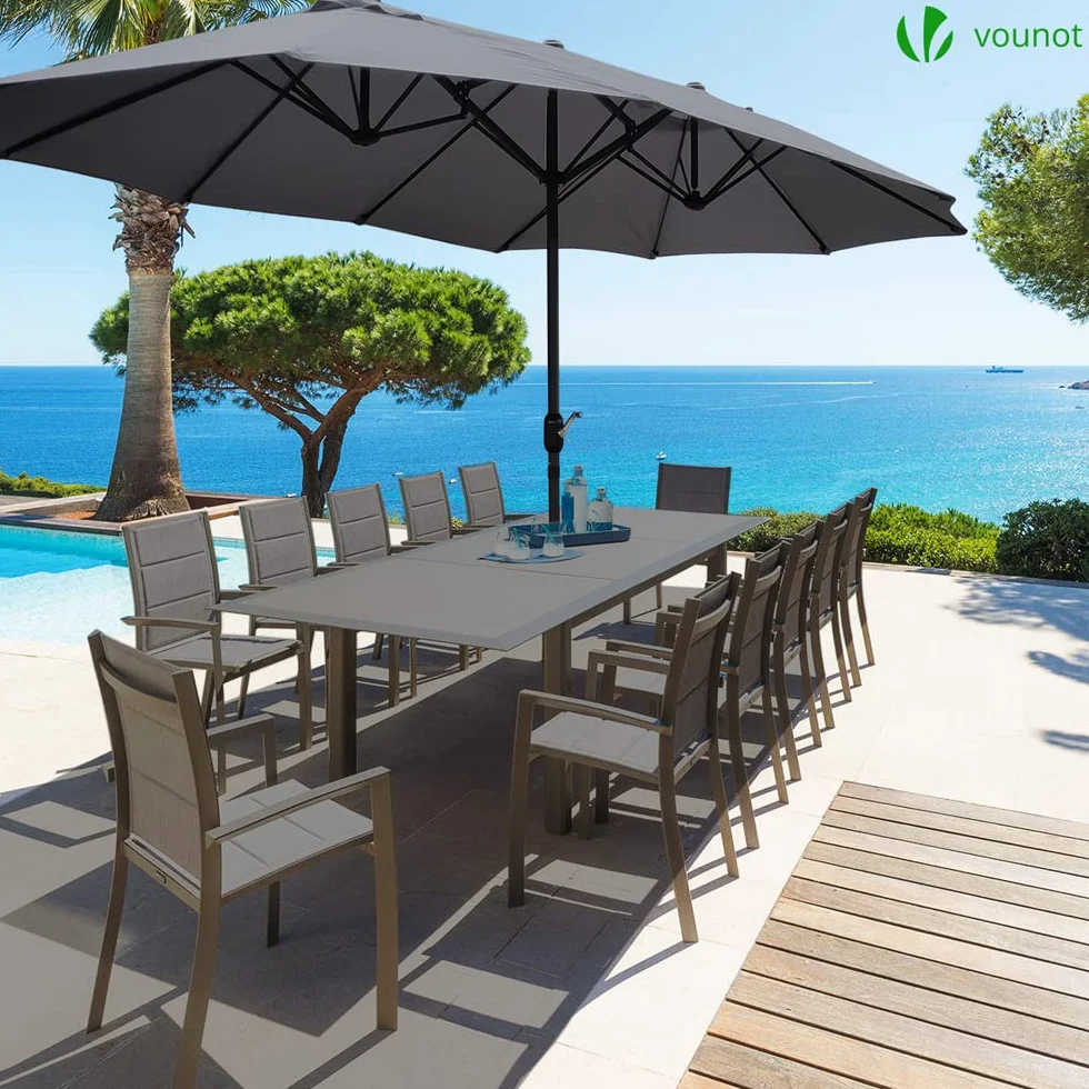 Parasol de Jardin Double Aluminium 270 x 460cm Manivelle Toile 180 GR/m2 Protection Solaire Gris