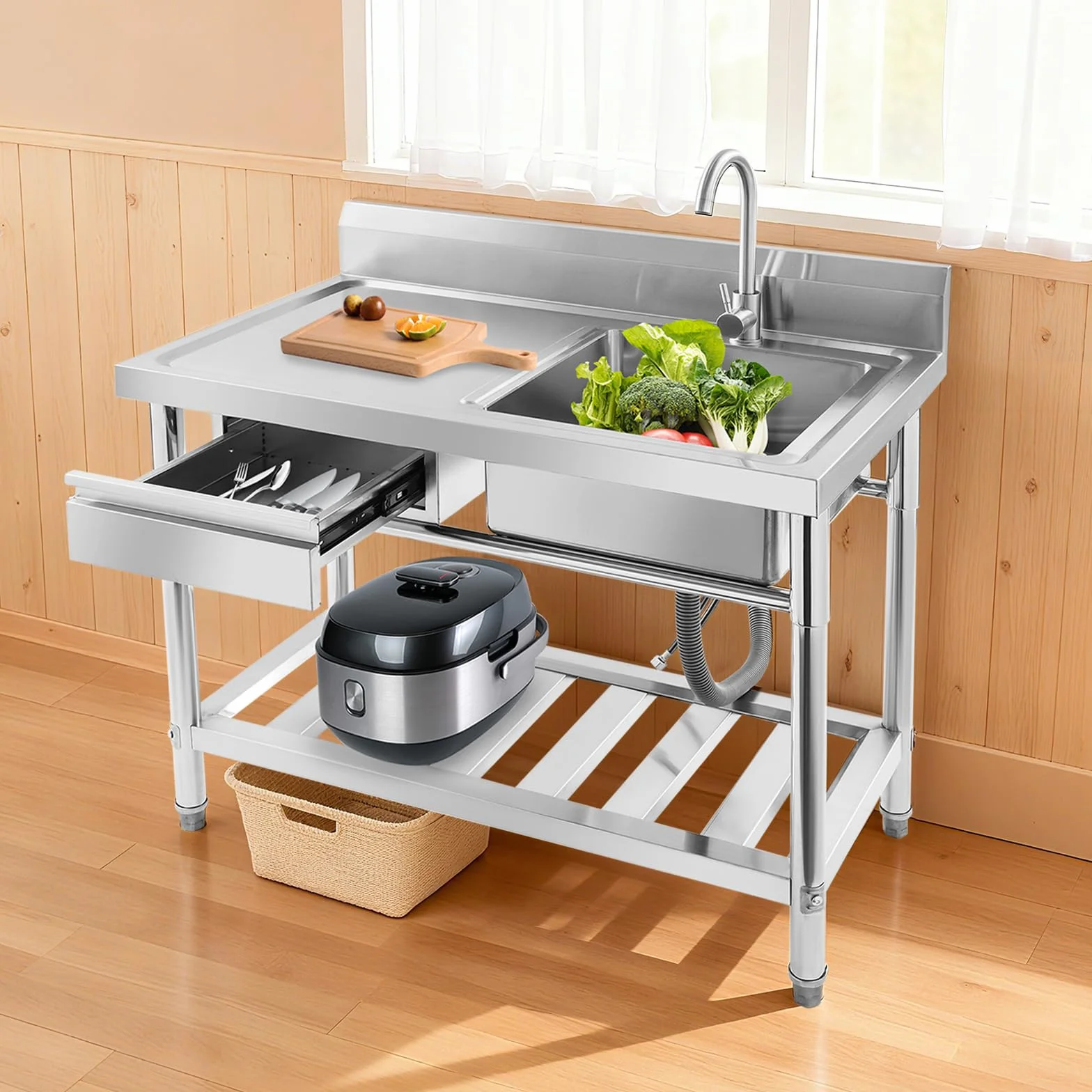 Évier indépendant acier inoxydable extérieur 100x60x80 cm robinet pivotant 360°