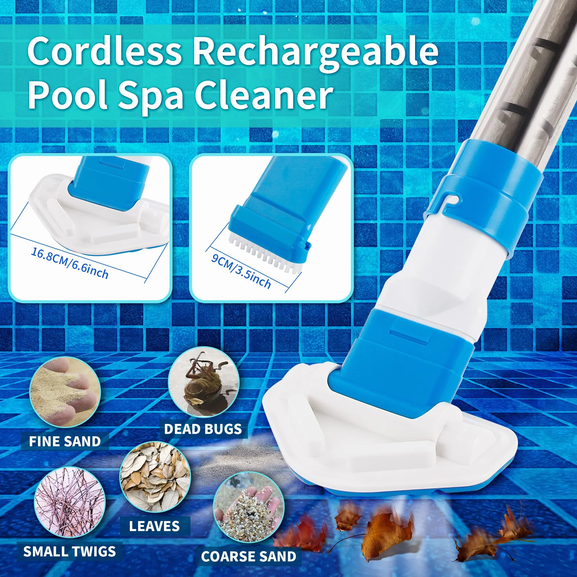 Aspirateur de piscine portable rechargeable sans fil avec poteaux télescopiques, aspiration puissante, têtes de brosse pour piscine hors sol