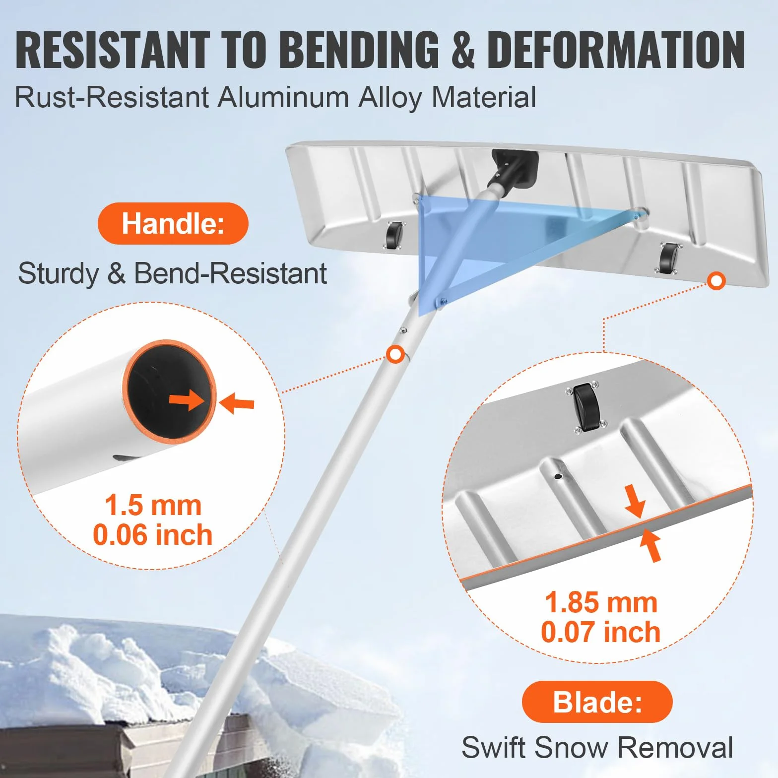 VEVOR Râteau à Neige de Toit 63,5 cm Aluminium Portée 644,5 cm Roues de Protection Poignée Antidérapante Réglable