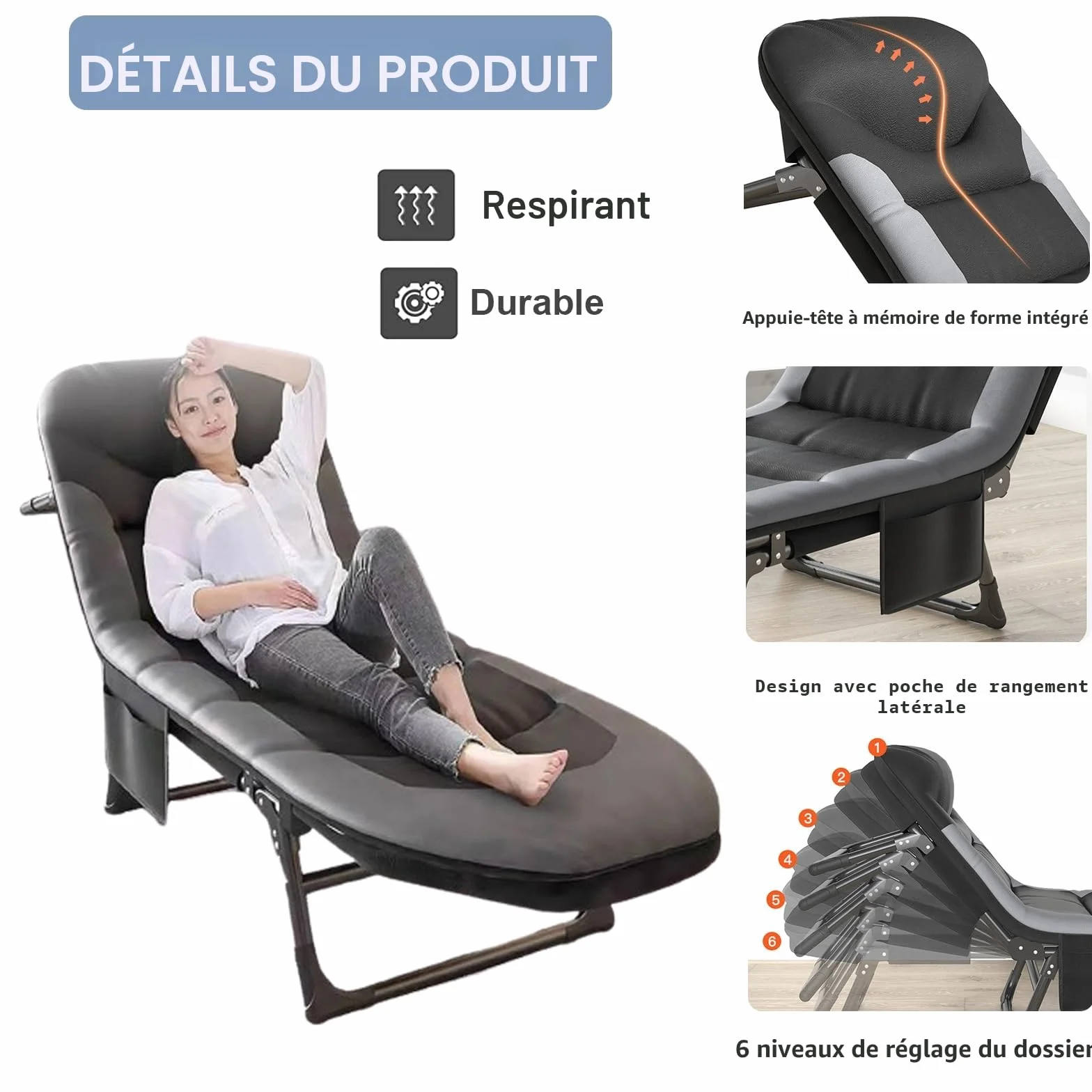 Chaise Longue Jardin Exterieur Pliable avec 6 Dossiers Réglables, Poche Latérale, Bain de Soleil pour Balcon Patio Camping (Noir)
