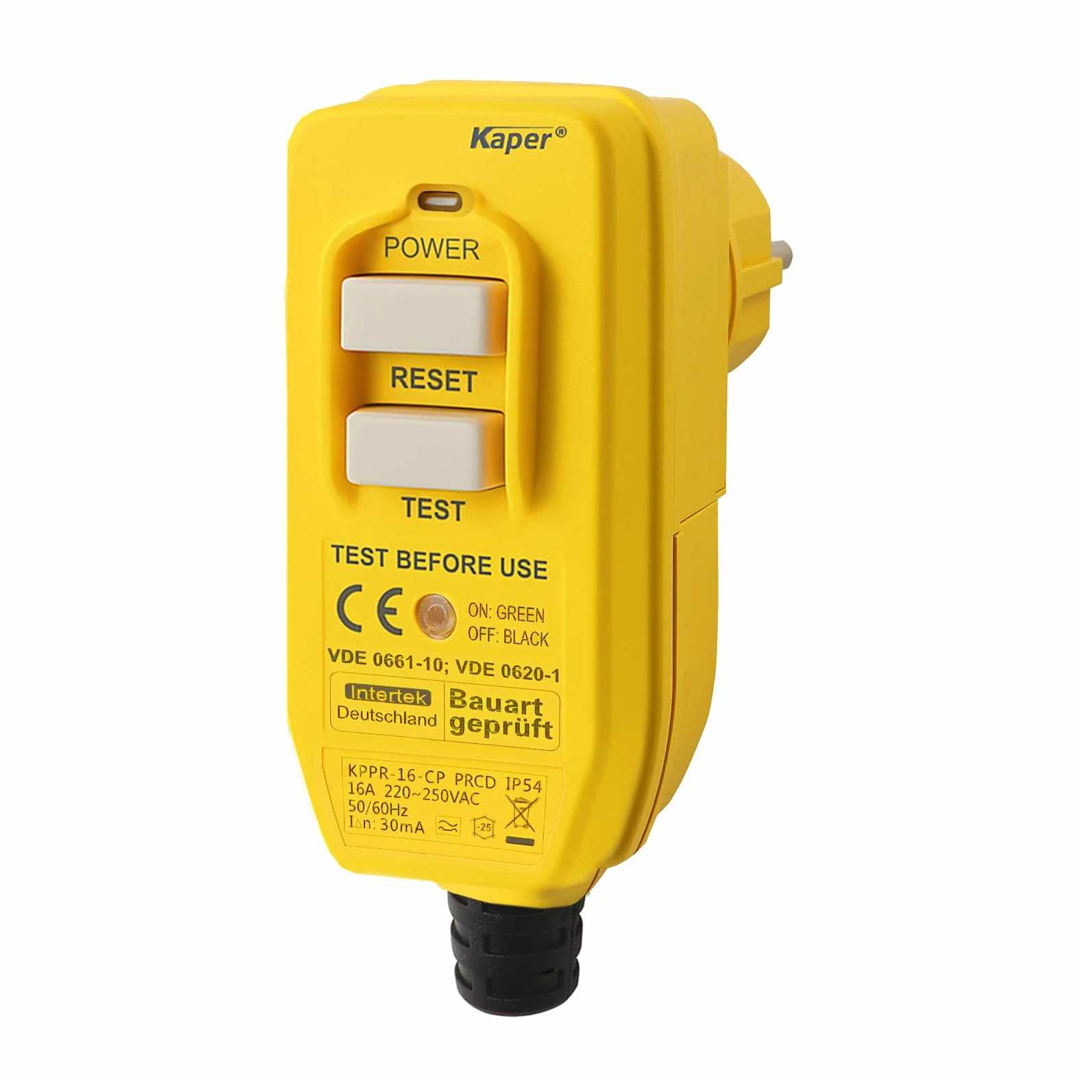 Kaper PRCD Prise de Protection Personnelle, 16 A, 230 V, IP54, Disjoncteur FI Portable avec Courant de Déclenchement de 30 mA, Étanche pour Chantier, Jardin, Camping et Atelier