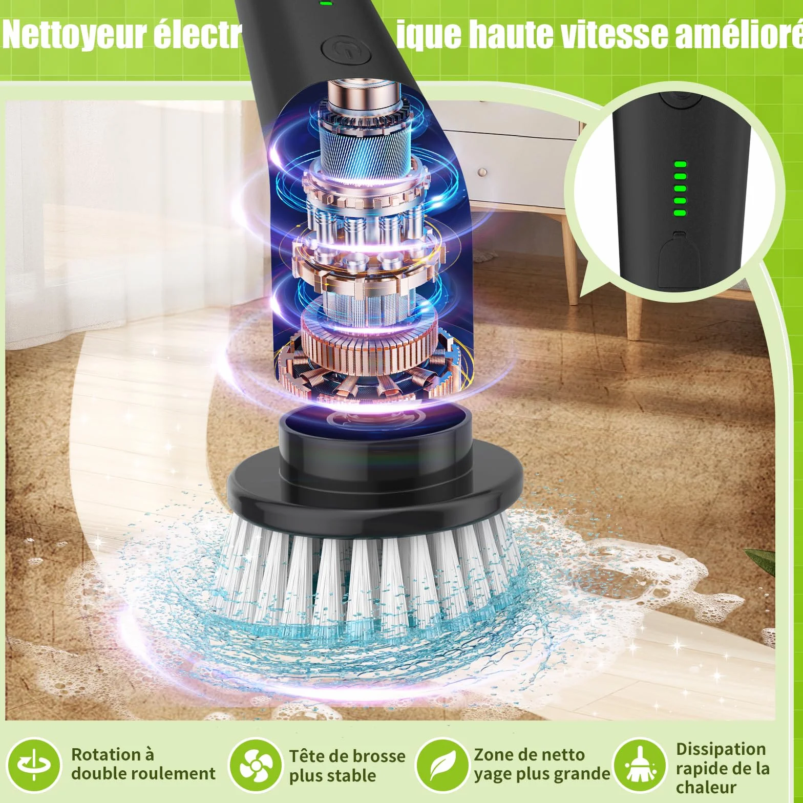 YKYI Brosse électrique Nettoyage rotative avec 8 têtes, Manche Extensible, 2 Vitesses, Batterie 2500mAh, étanche IPX7 – Brosse Nettoyage Salle de Bain et Cuisine