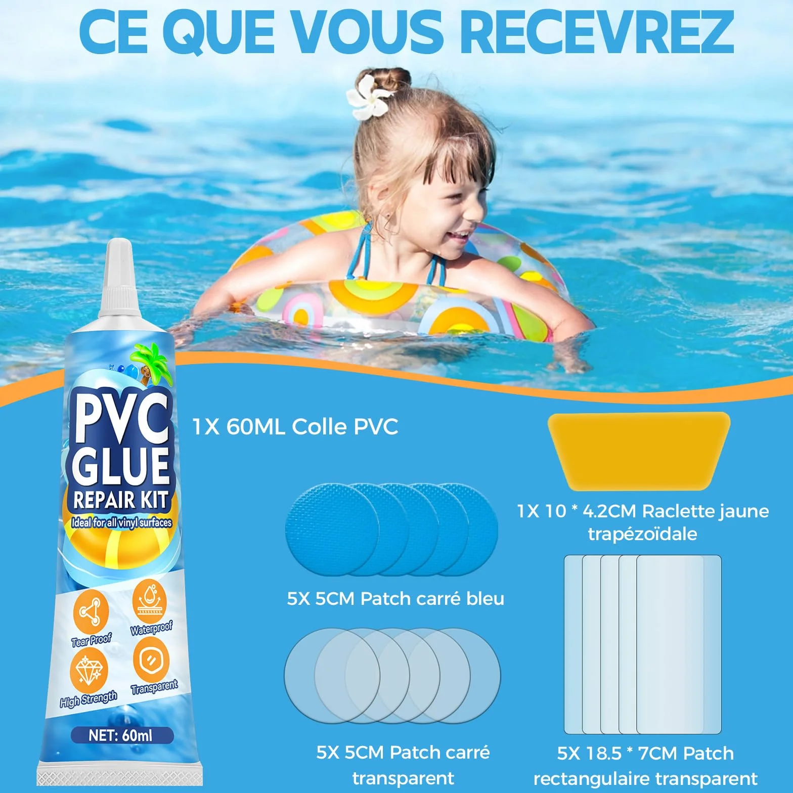 Kit Reparation Piscine Transparente Colle PVC pour Spa Gonflable 60ml