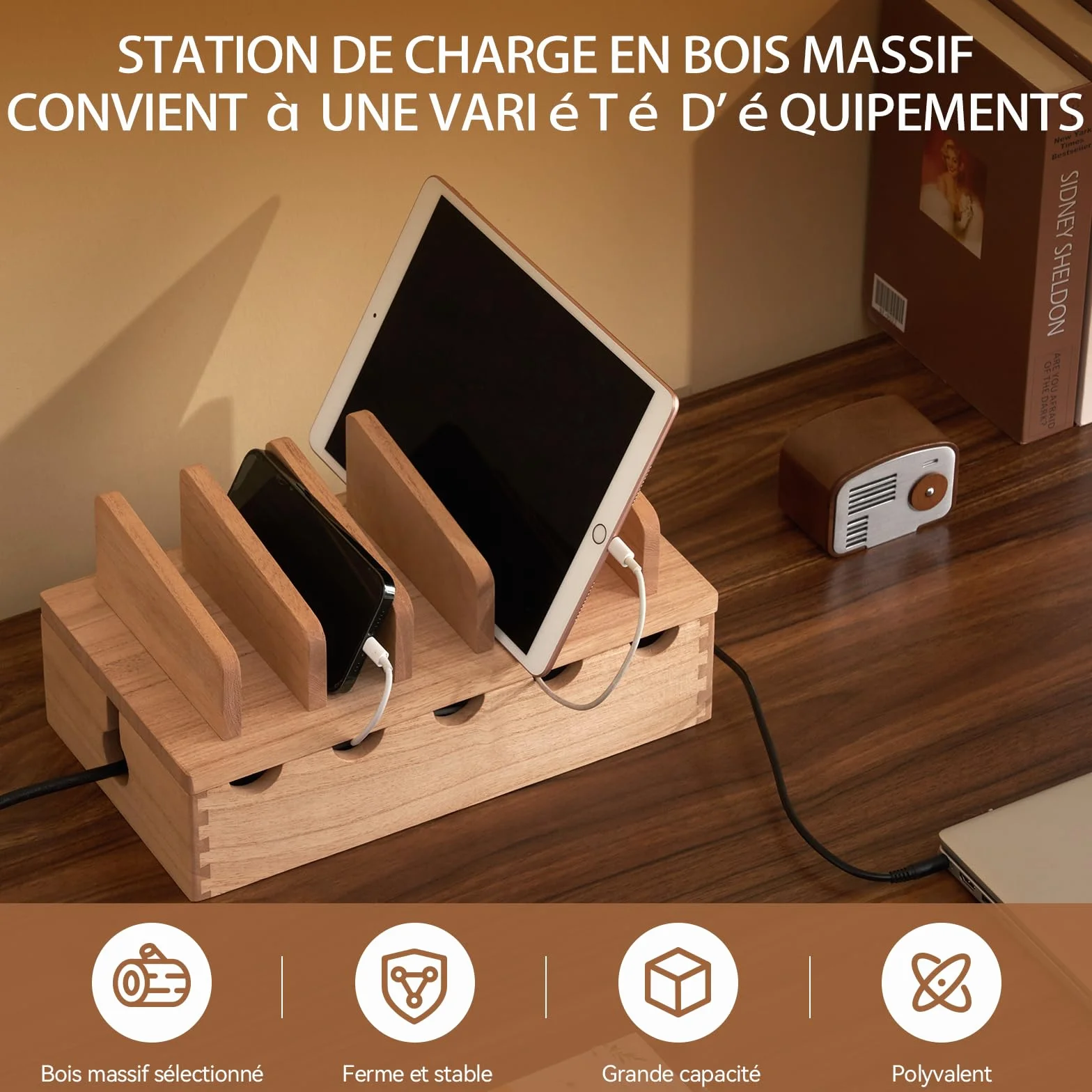 KIRIGEN Boîte de Gestion de câbles en Bois Organisateur de câbles Cachette multiprise Prise électrique Câble de Bureau Station Protection