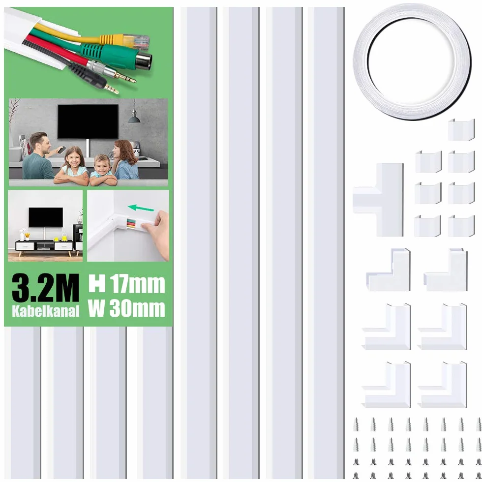 MUDEELA Cache Fil Electrique, Goulotte Passe Cable Mural, Cache-Fil TV Mural en PVC Ignifuge, Installation Adhésive ou par Vis, Gestion des Câbles pour Maison et Bureau, Blanc, 30 × 17 × 400 mm