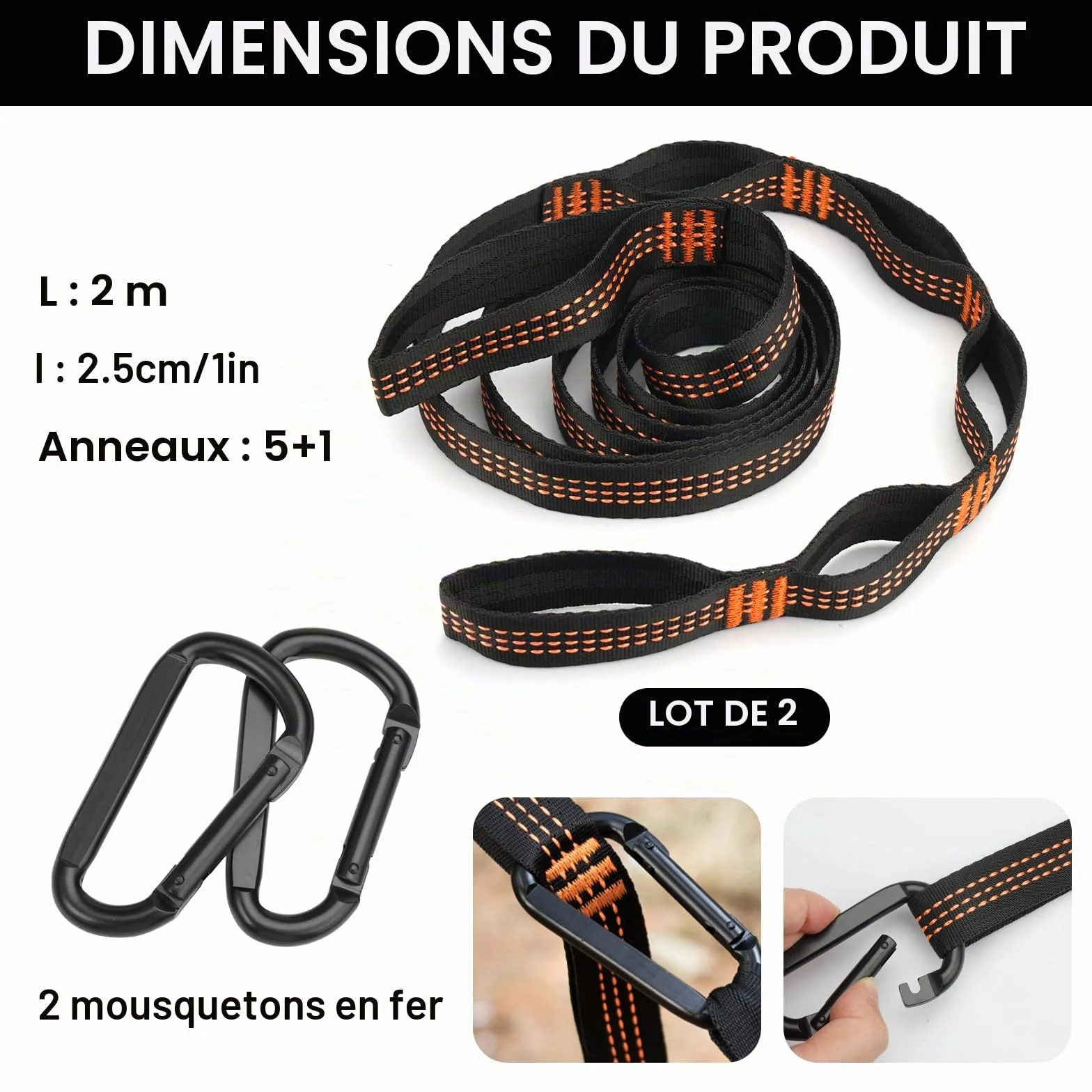 Sangle Hamac 2m x 2,5 cm Polyester Mousquetons Fixation Arbre 300kg Lot de 2
