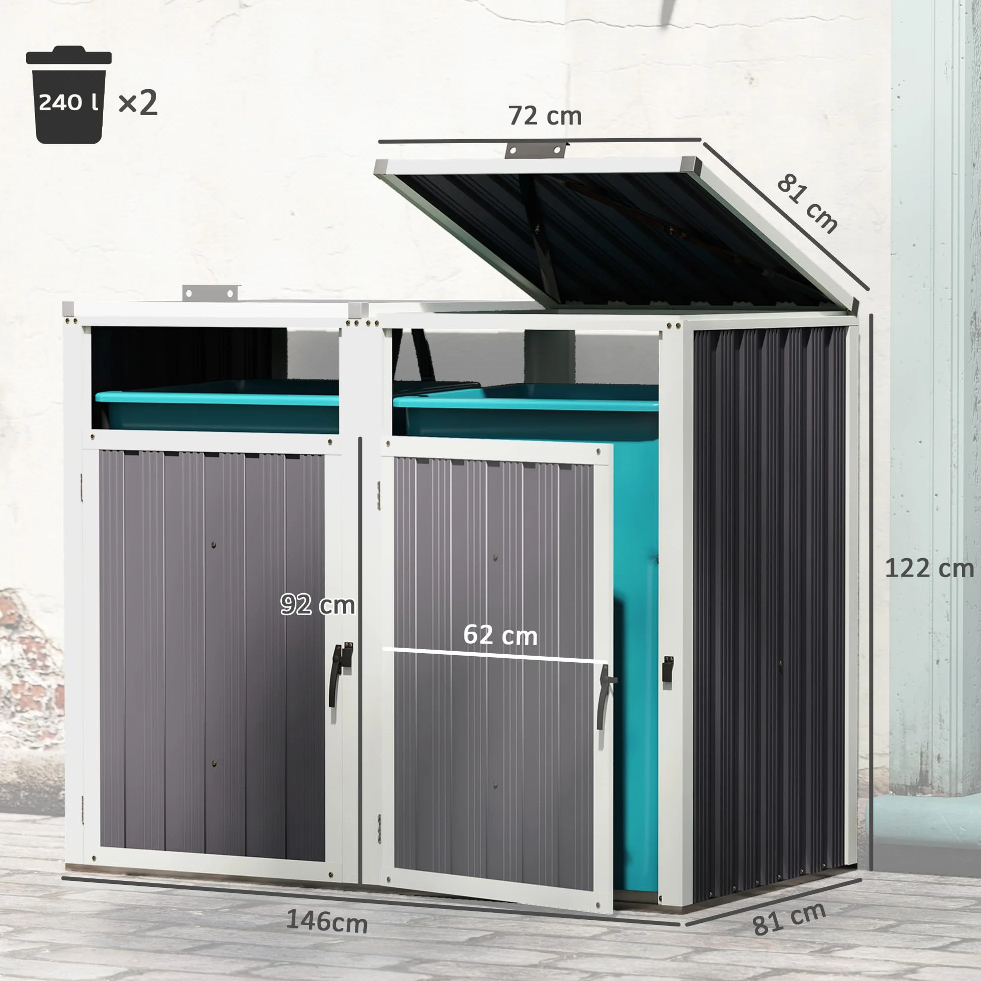Outsunny Cache Poubelle extérieur 240L Acier galvanisé 146x81x122 cm Gris foncé