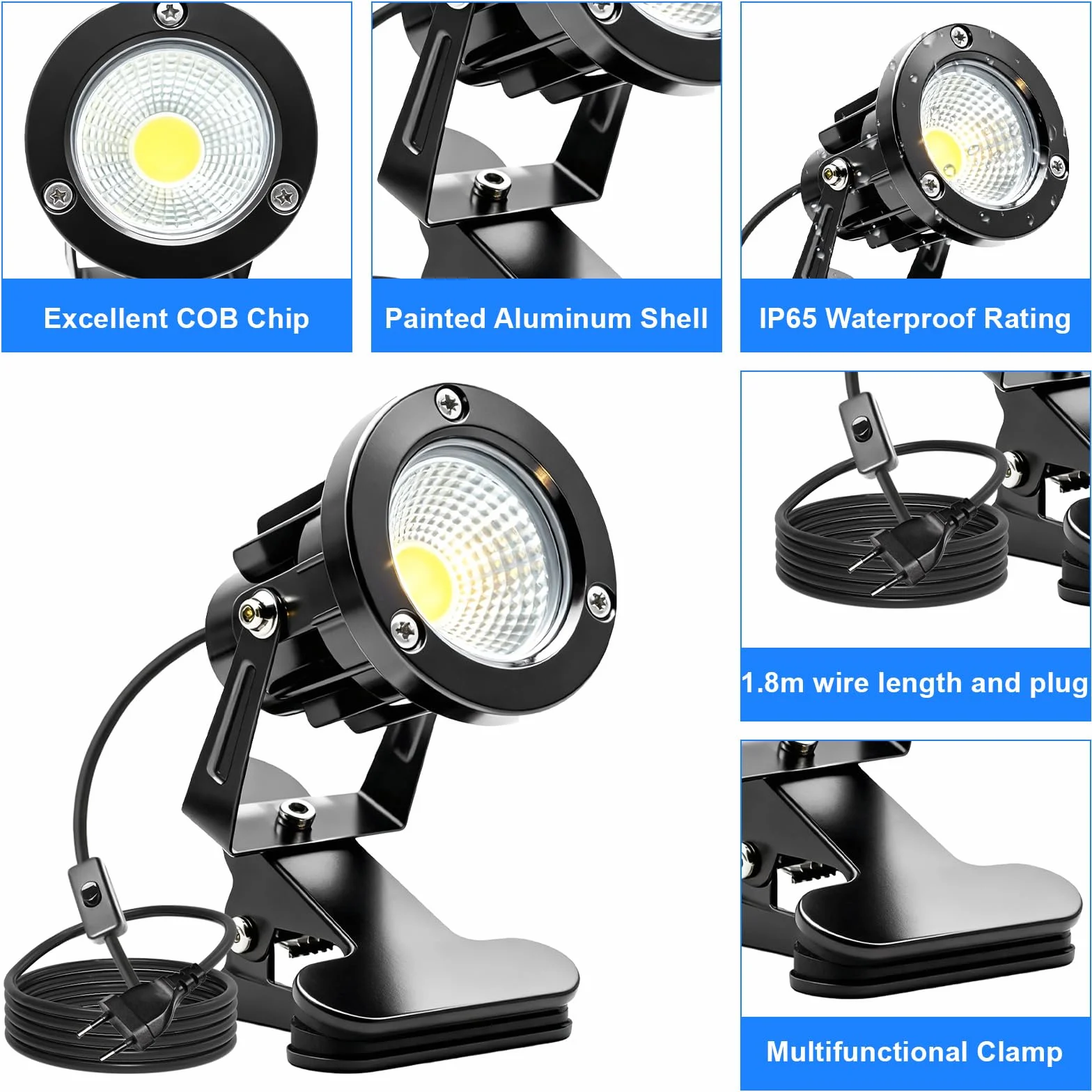 Lot de 2 Spots LED à Pince, Projecteur Étanche pour Jardin avec Prise et Interrupteur