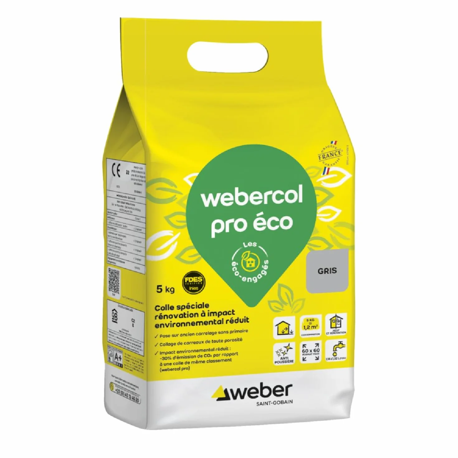Weber Colle carrelage, gris spéciale renovation, 5kg, prête à l'emploi, WEBERCOL PRO ECO, Impact environnemental réduit