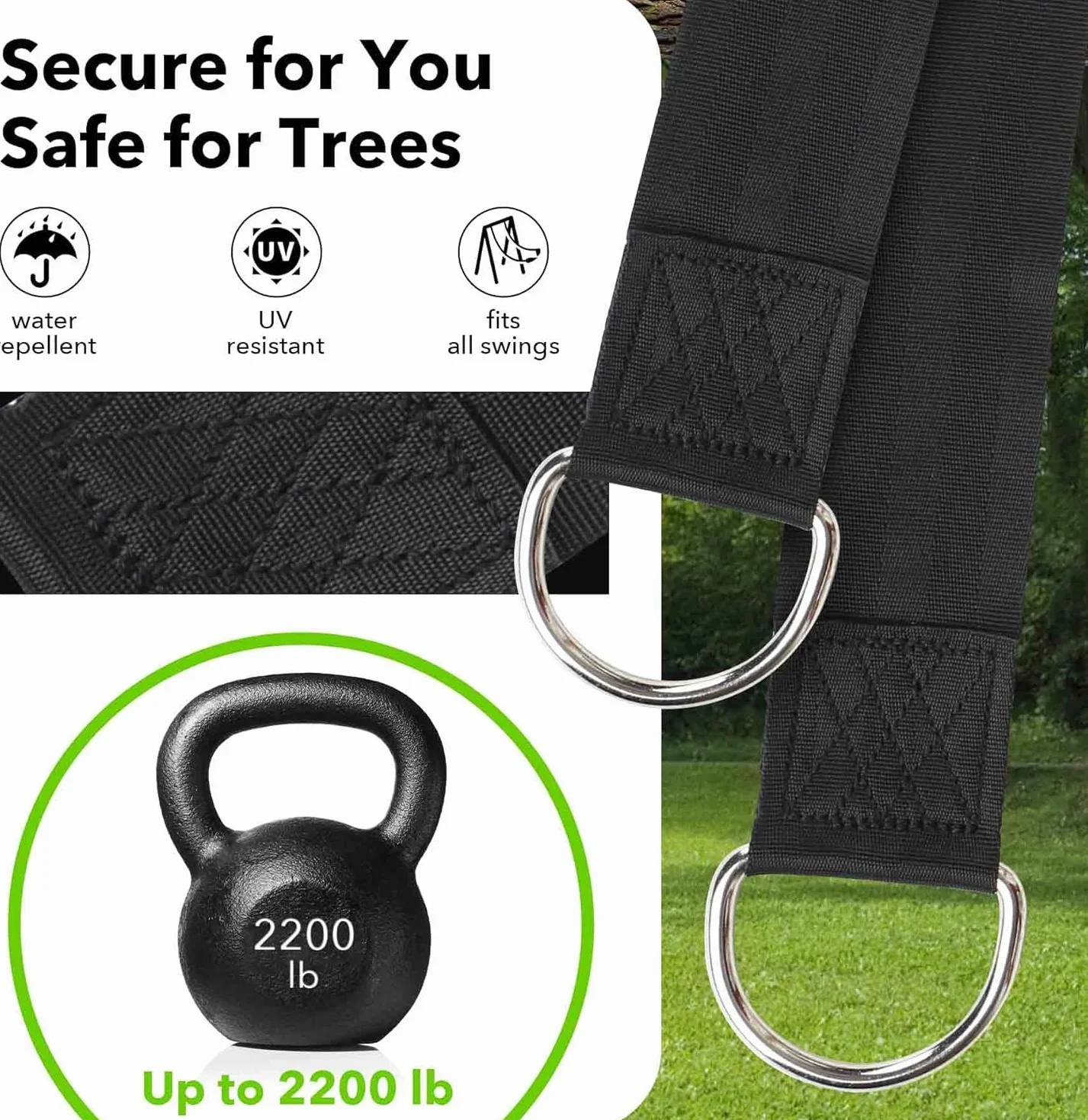 Sangle Balancoire Arbre Fixation Hamac Charge Max 800kg Attache Exterieur Corde avec 2 Sangle 150cm × 5cm, 2 Mousquetons, 1 Sac