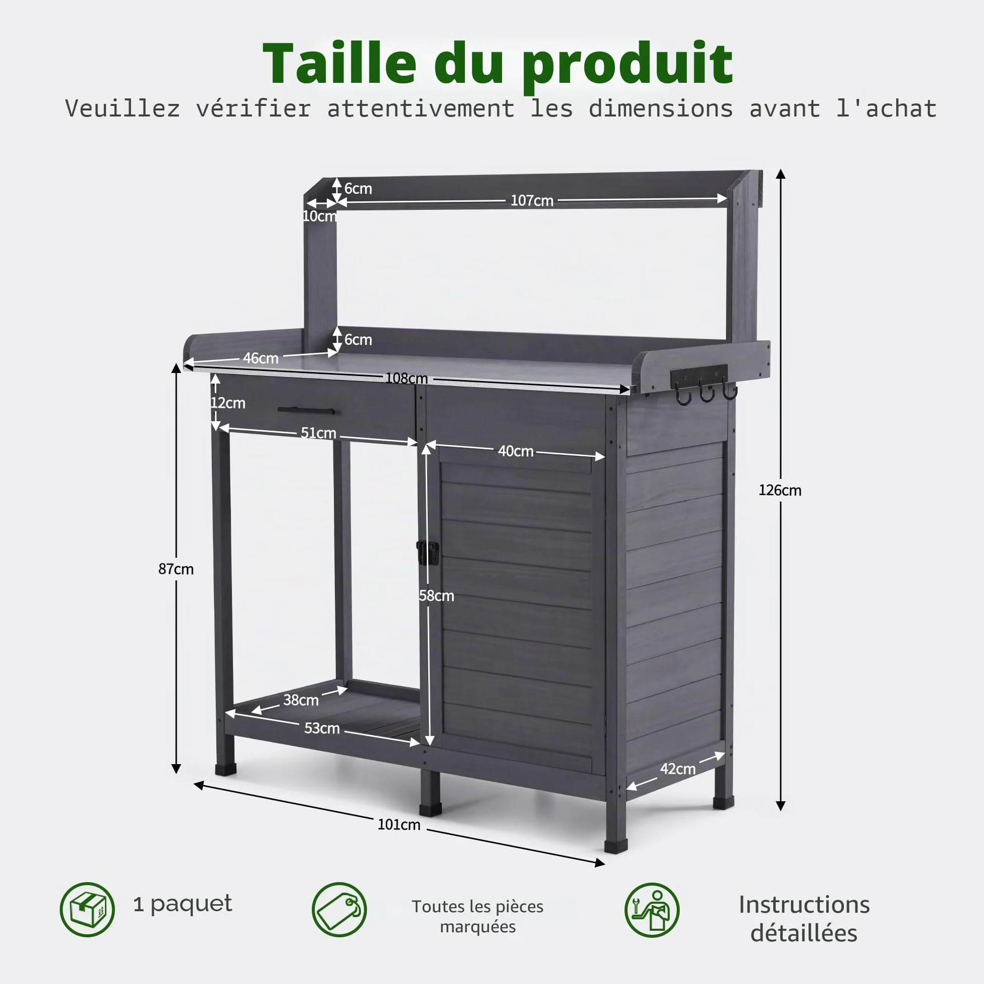 M MCombo Table de Jardin avec Tiroir 48x112x126 cm Gris