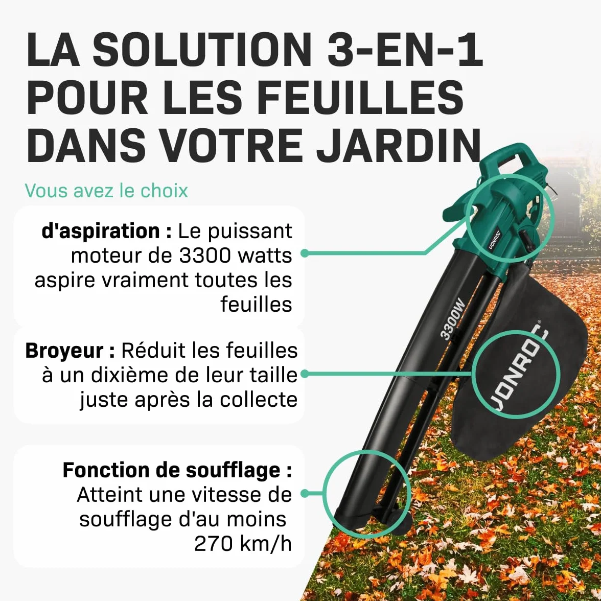 VONROC Souffleur de Feuilles 3-en-1 3300W Aspirateur Souffleur 270km/h 40L