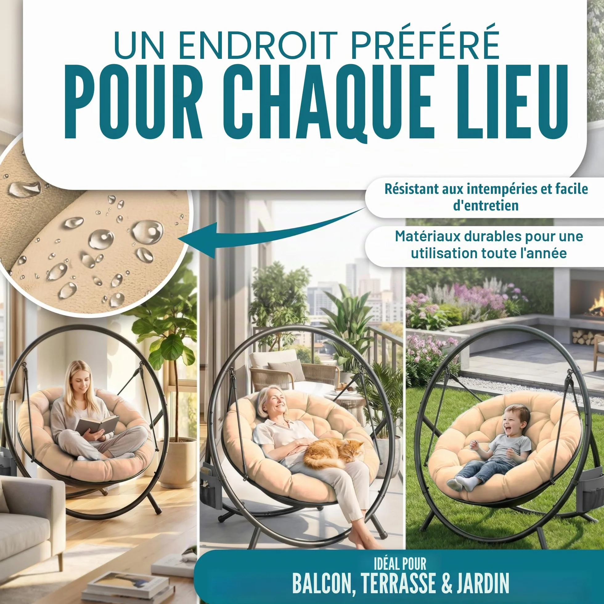 KESSER Fauteuil suspendu Bali balançoire chaise 150 kg acier intérieur extérieur coussin poche latérale