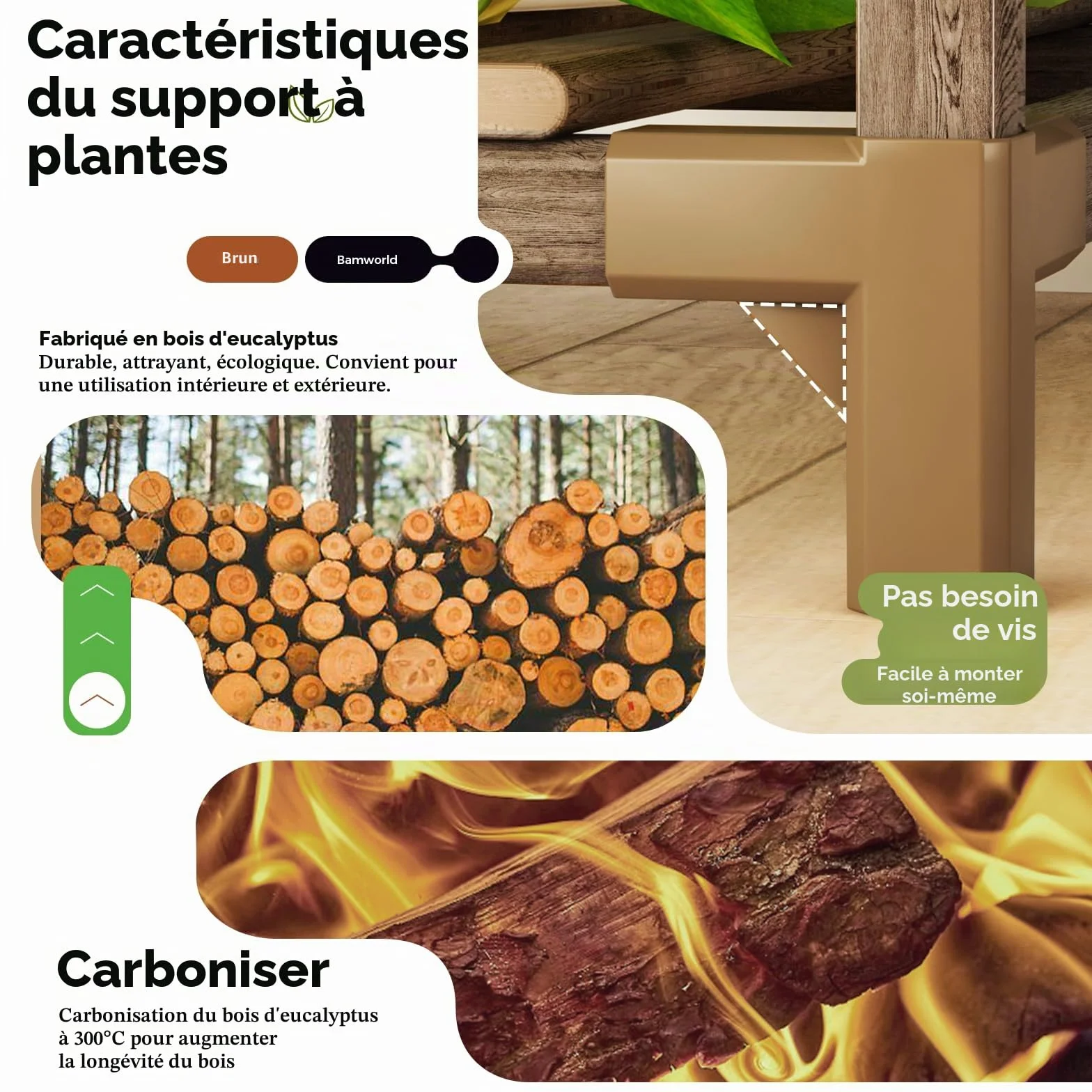 Bamworld Étagère d'angle pour plantes 138,9 cm bois intérieur extérieur