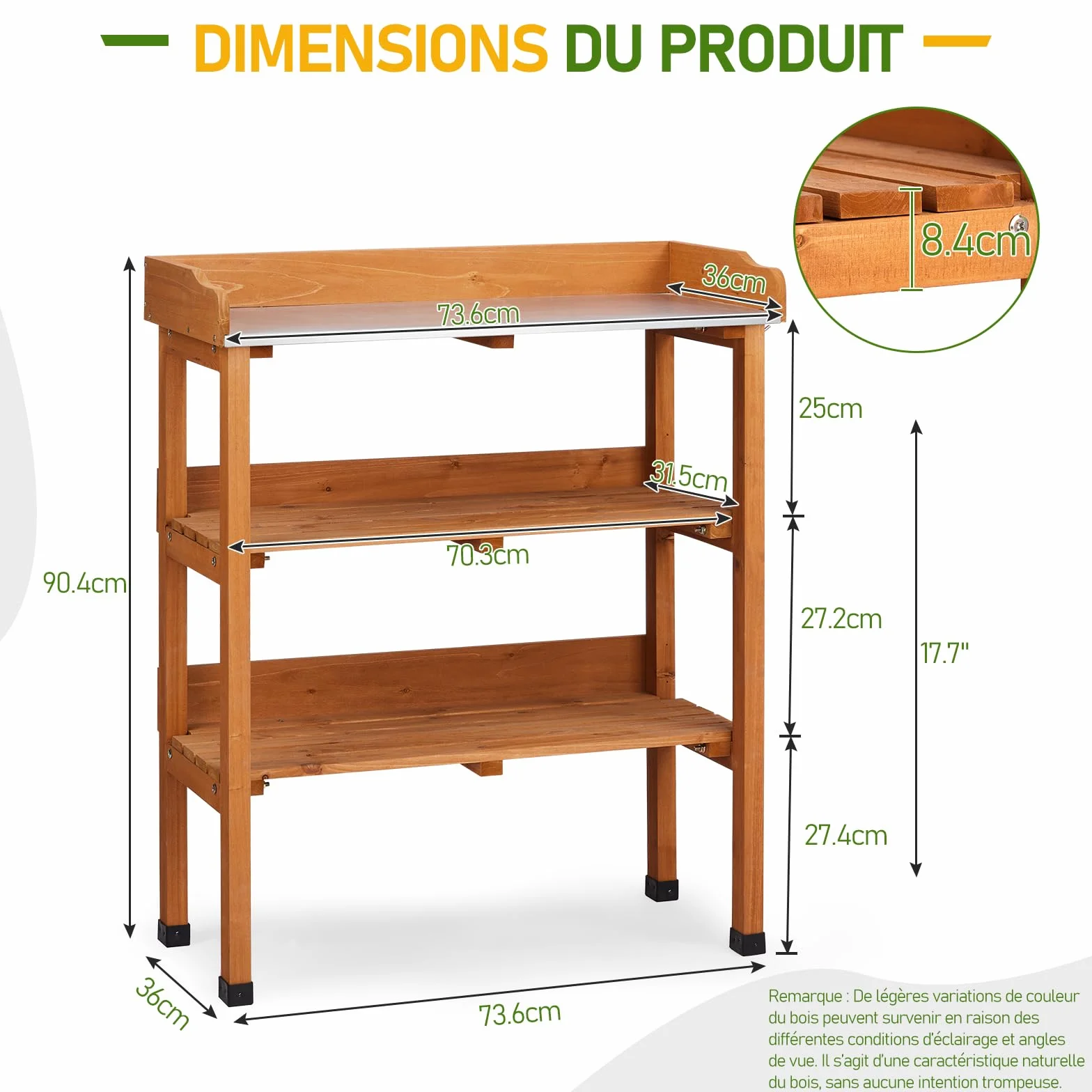 LEADZM Table de rempotage 74 x 36 x 90 cm Plan de Travail galvanisé Bois Sapin pré-huilé