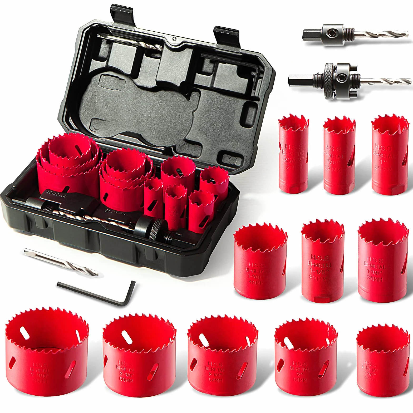 HYCHIKA Scie Cloche Bi-métal, 17 PCS Coffret de Scie Trépan avec 11PCS Lames de Scie 19-68 mm, Profondeur de Coupe: 40 mm, Parfaite pour Percer Le Bois, Les Panneaux PVC et Le Métal