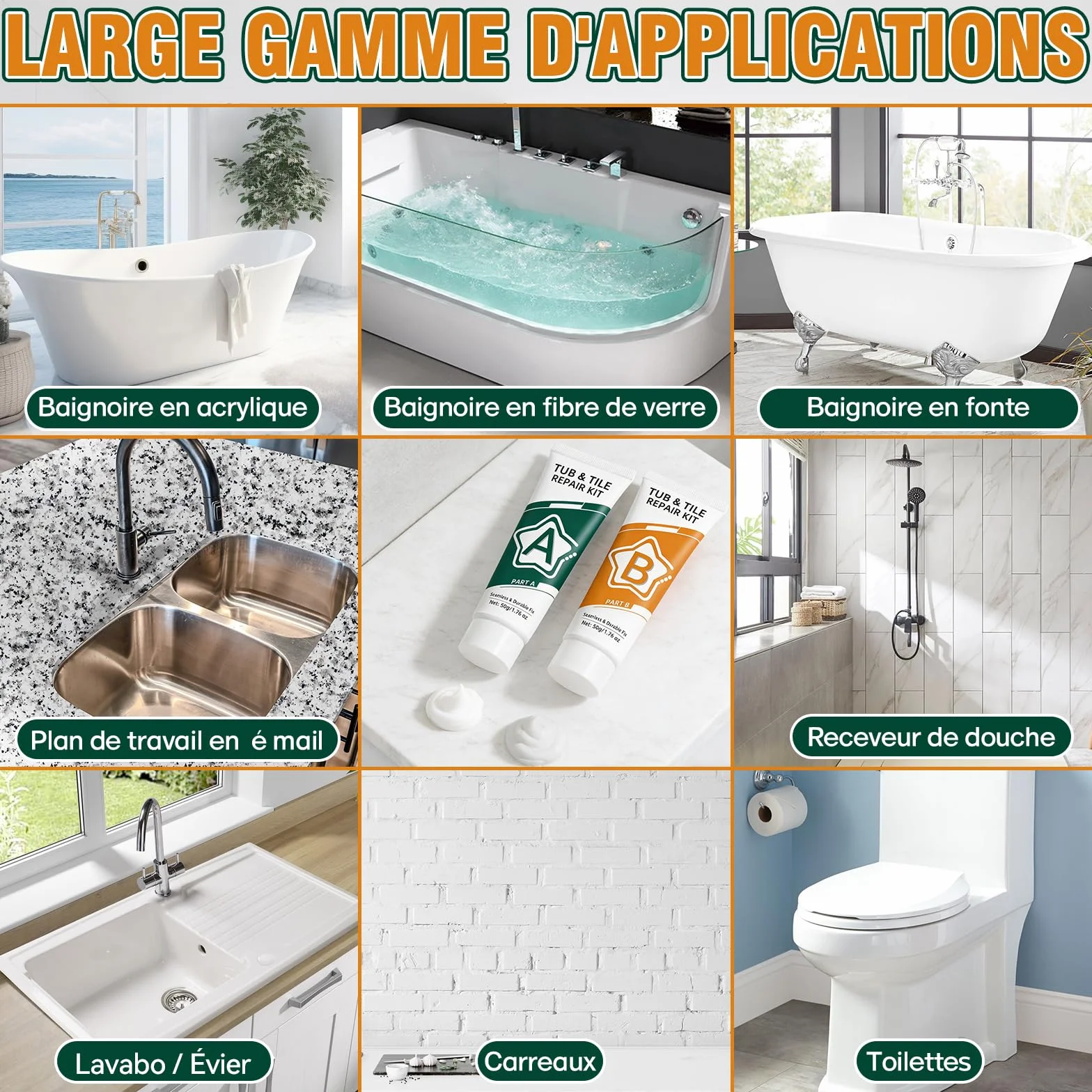 Kit Reparation Carrelage, Réparation Carrelages en fibre de verre pour la réparations des éclats, fissures, rayures et trous sur le carrelag, la porcelaine, la céramique et l'émail de baignoire