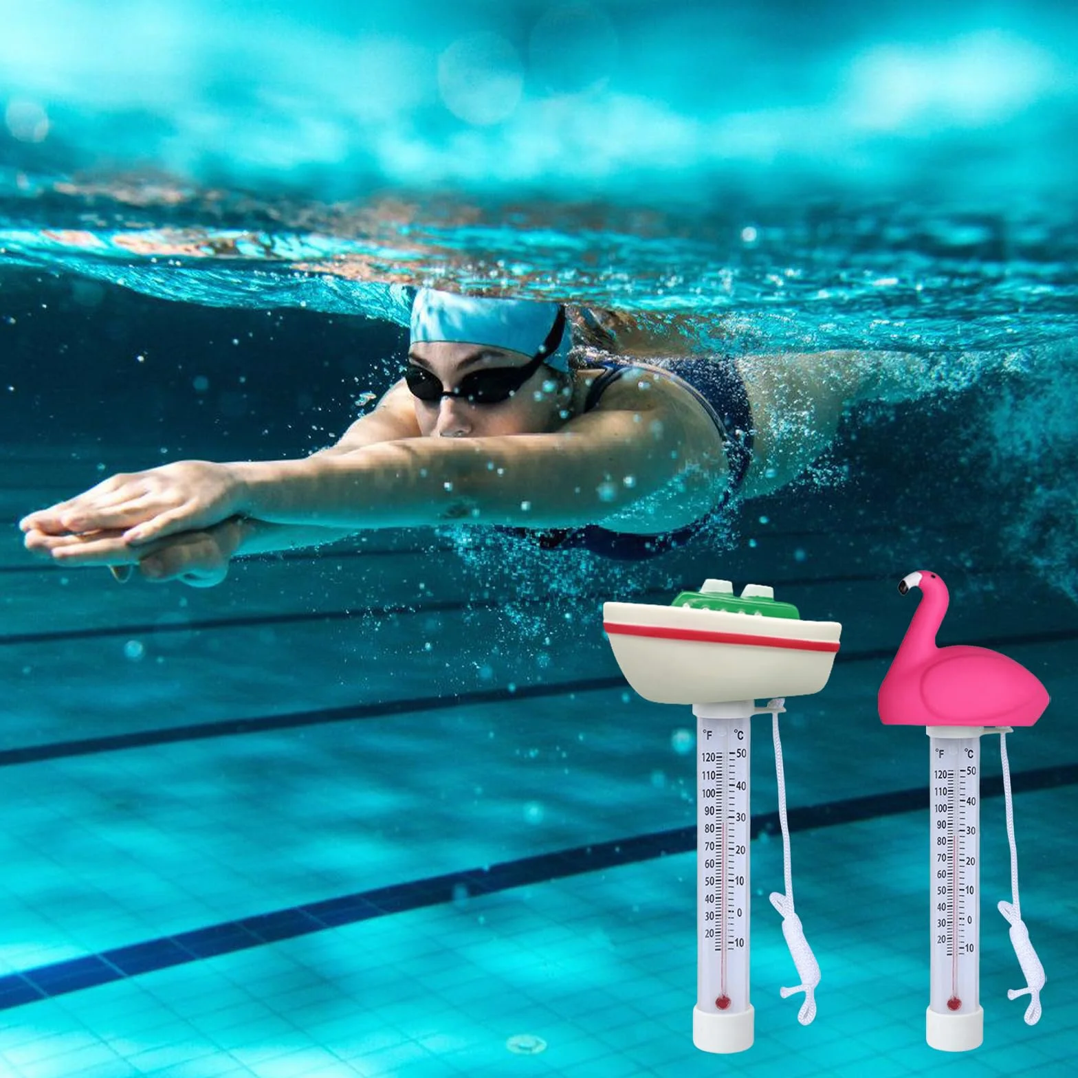 Lot de 2 thermomètres de piscine flottants avec laisse de fixation pour piscines extérieures et intérieures, spas, jacuzzis